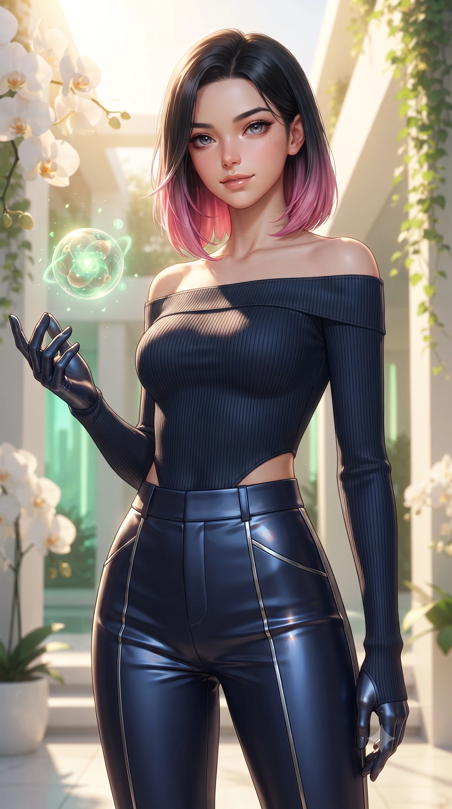 score_9, masterpiece, best quality, ultra-detailed, high-budget anime keyframe, editorial fashion photography, tasteful artistic composition, Korean woman. close-up cowboy shot from the waist and thighs up, the character dominates the composition, filling the frame with her large presence, background elements kept in soft focus. Smiling with quiet, magnetic self-assurance directly into the lens interacting with a floating biomorphic pollen orb in a sunlit sanctuary, lush green vines and white orchids framing the bright architectural backdrop. She has an exceptionally elegant, slender, and willowy female figure with an ultra-slim waist, a gracefully sculpted slender torso, and a refined silhouette. sharp v-shaped jawline, high-bridge nose, intricate jewel-like eyes with depth, thick eyelashes, glossy lips with a natural sheen. wearing a sleek off-shoulder ribbed knit top paired with high-waist tailored pants in midnight navy blue and chrome trim, crafted from smooth liquid silk, featuring subtle geometric cutouts that highlight her ultra-slim midriff, the glove-like fit emphasizing her statuesque silhouette. bathed in warm golden sunlight and soft emerald bioluminescent glow. ultra-reflective glossy finish, specular highlights, metallic sheen, high-contrast stereoscopic depth, volumetric dynamic lighting, 2k, ultra detail, master piece, 9:16 ratio