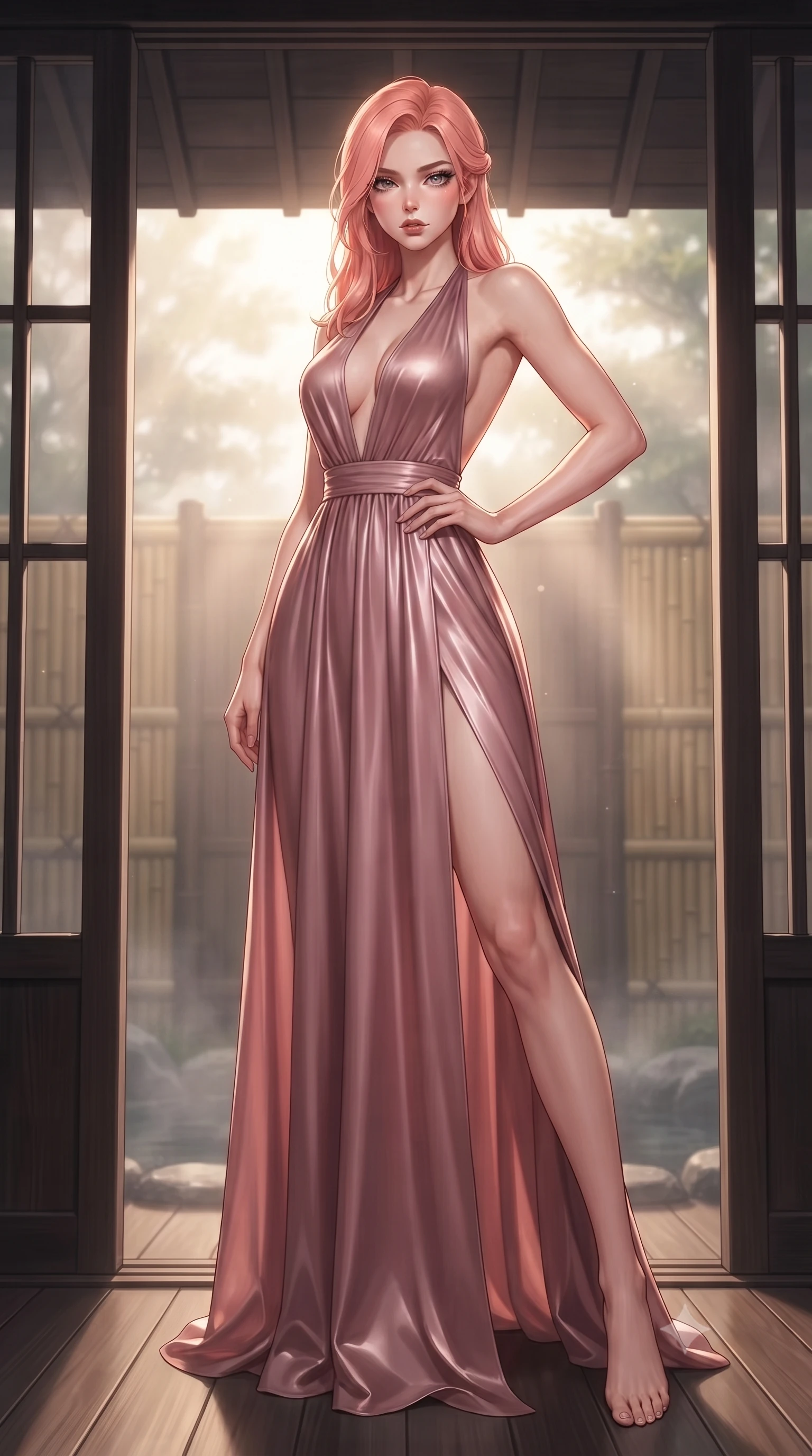 score_9, masterpiece, best quality, ultra-detailed, high-budget anime keyframe, editorial fashion photography, tasteful artistic composition, Japanese woman. low angle full-body shot from head to toe showing her feet, filling the entire 9:16 vertical frame with her statuesque presence, stretching her vertical silhouette. posing confidently with one hand on her hip, stretching her statuesque body to emphasize her curves the background shows a soft-focus a cozy hot spring veranda with dark cedar wood partitions and bamboo fences. She has an absolutely perfect, statuesque 8.5-heads proportion, an exceptionally tall and slender model-like female figure with impossibly long slender legs and an ultra-slim waist. sharp v-shaped jawline, high-bridge nose, intricate jewel-like eyes with depth, thick eyelashes, glossy lips with a natural sheen. wearing a slim-fit deep plunging-V neck maxi dress in dusty rose chiffon with a bold halter neck and low-cut back. soft morning mist diffusing the warm sunbeams, creating a tranquil atmosphere. ultra-reflective glossy finish, specular highlights, metallic sheen, high-contrast stereoscopic depth, volumetric dynamic lighting, 2k, ultra detail, master piece, 9:16 ratio