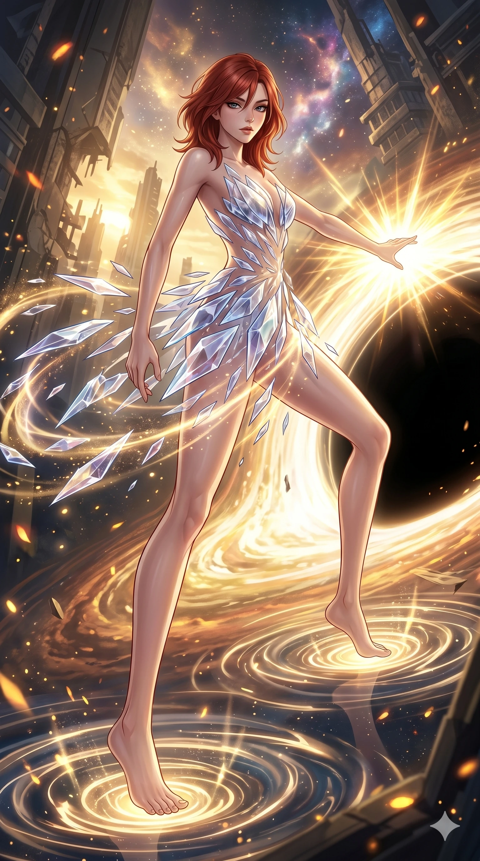 score_9, masterpiece, best quality, ultra-detailed, Set A: High-budget Anime Keyframe, Korean woman. Low angle cowboy shot filling the entire 9:16 frame with her statuesque presence. Theme: Urban Decay. unleashing a massive energy wave in the edge of a black hole, as she steps on ripples of time that distort the space 171. The atmosphere is filled with golden hour with floating embers. She has an absolutely perfect 8-heads proportion, an exceptionally tall and slender female figure with impossibly long slender legs and an ultra-slim waist. Sharp v-shaped jawline, high-bridge nose, intricate jewel-like eyes with depth, glossy lips. Wearing Abstract geometry dress made of floating crystalline shards held by energy fields. Cinematic lighting, vivid colors, dramatic shadows, 2k, ultra detail, master piece, 9:16 ratio