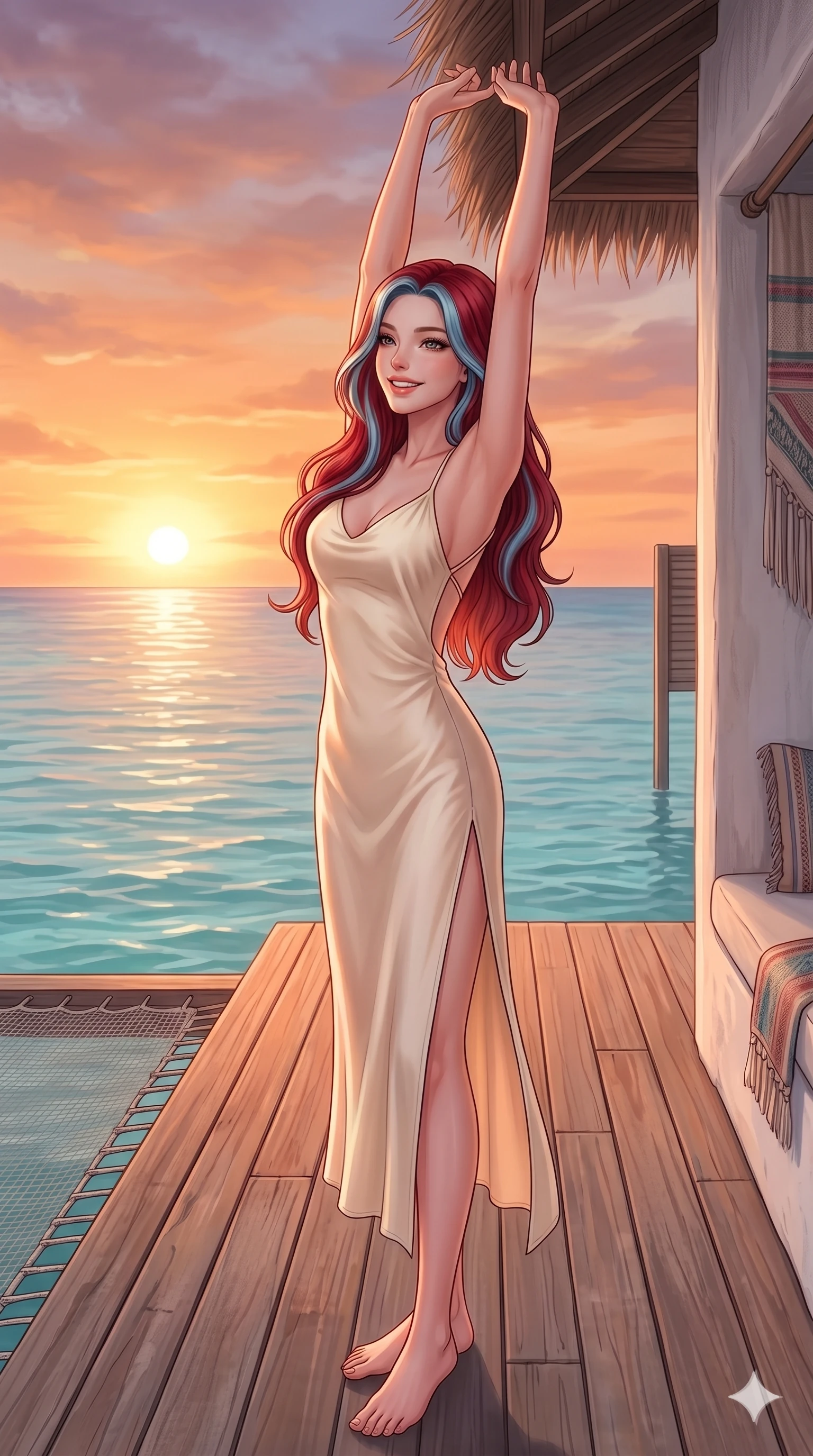 score_9, masterpiece, best quality, ultra-detailed, high-budget anime keyframe, editorial fashion photography, tasteful artistic composition, Caucasian woman, strictly human ears. cowboy shot from the thighs up, character and outfit filling the frame for maximum editorial presence. stretching her arms up gracefully with a bright, refreshed smile, greeting the morning sun standing on a wooden deck of a beach villa at sunrise. She has an absolutely perfect 8-heads proportion, an exceptionally tall and slender female figure with impossibly long slender legs and an ultra-slim waist. V-shaped jawline, high-bridge nose, intricate jewel-like eyes with depth, thick eyelashes, glossy lips with a natural sheen. wearing a soft cream silk slip dress with an open-back design and a high side slit showing her legs. drenched in soft, warm sunrise light casting a gentle orange glow over her silhouette. 2k, ultra detail, master piece, 9:16 ratio
