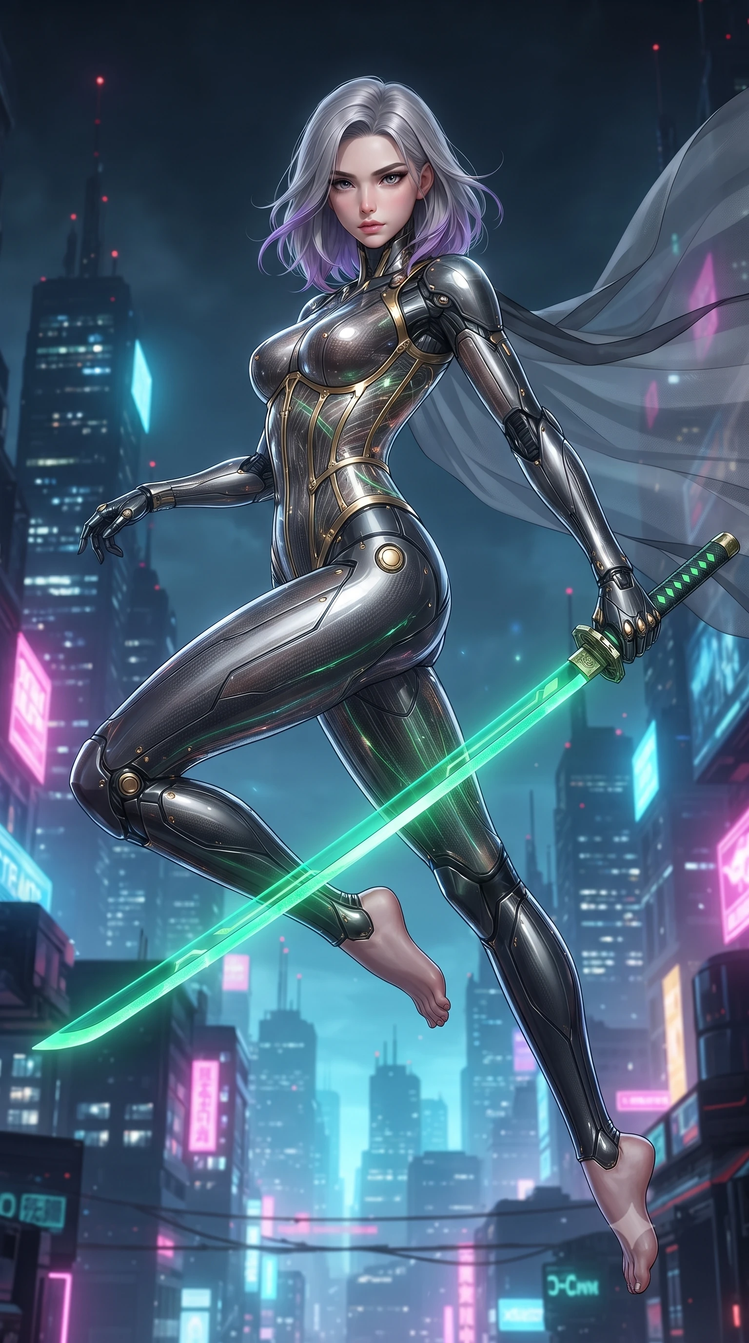 score_9, masterpiece, best quality, ultra-detailed, high-budget anime keyframe, editorial fashion photography, tasteful artistic composition, Caucasian woman. low angle full-body shot from head to toe showing her feet, filling the entire 9:16 vertical frame with her statuesque presence, stretching her vertical silhouette. performing an alluring mid-air combat landing with flawless poise, looking directly into the camera with regal, deadly intensity while arching her spine in a fluid combat stance as high-altitude winds billow her sheer tactical cape against the glowing city skyline. The surrounding environment is rendered in vivid detail and crisp panoramic clarity. intricate cybernetic katana hilt engravings, skyscraper antenna beacons, and neon city reflections in high clarity. She has an absolutely perfect, statuesque 8.5-heads proportion, an exceptionally tall and slender model-like female figure with impossibly long slender legs, a toned flat midriff, and an ultra-slim waist. sharp v-shaped jawline, high-bridge nose, intricate jewel-like eyes with depth, thick eyelashes, glossy lips with a natural sheen, flawlessly proportioned anatomical accuracy, strict slender model proportions, natural body alignment, perfectly sculpted long slender limbs, ultra-slim waistline, clean dynamic posture without body distortion. wearing a precision-tailored high-fashion carbon-fiber corset bodysuit with gold mechanical rib boning, wielding a glowing energy katana with royal elegance in emerald green carbon composite with glowing lime laser channels, crafted from semi-translucent cybernetic carbon-vinyl interwoven with glowing micro-filaments, finished with high-mobility articulation joints and miniature magnetic armor locks, the glove-like aerodynamic second-skin fit tightly clinging to her ultra-slender waist and athletic curves without adding bulk, accentuating her razor-sharp statuesque lines and slim hourglass silhouette. illuminated by crisp white key lighting with sharp specular highlights tracing her sculpted carbon armor curves. ultra-reflective glossy finish, specular highlights, dark metallic sheen, high-contrast stereoscopic depth, volumetric dynamic lighting, 2k, ultra detail, master piece, 9:16 ratio