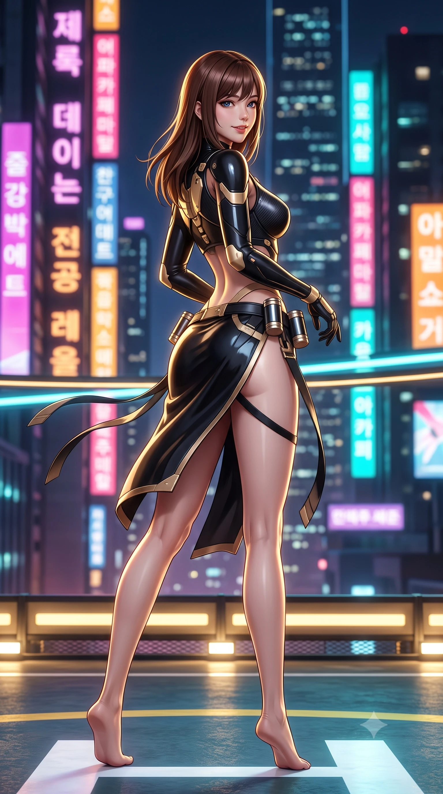 score_9, masterpiece, best quality, ultra-detailed, high-budget anime keyframe, semi-realistic 3D game render, editorial fashion photography, tasteful artistic composition, Korean woman. low angle full-body shot from head to toe showing her feet, filling the entire 9:16 vertical frame with her statuesque presence, stretching her vertical silhouette. executing a cheerful mid-motion pivot turn as her tactical belt and ribbons flutter around her slender legs, glancing over her shoulder with an intoxicating, teasing bedroom-gaze while leaning against the illuminated helipad perimeter barrier with hips cocked back, looking over a bare shoulder with an intoxicating, smoldering smile. The background shows a soft-focus towering futuristic Neo-Seoul mega-skyscrapers with vertical Korean holographic billboards blurred into magenta, amber, and laser turquoise bokeh. She has an absolutely perfect, statuesque 8.5-heads proportion, an exceptionally tall and slender model-like female figure with impossibly long slender legs, an ultra-slim waist, a flat toned midriff, narrow delicate ribcage, and beautifully sculpted feminine hips creating a graceful, slim hourglass silhouette without any bulky heaviness. sharp v-shaped jawline, high-bridge nose, intricate jewel-like sparkling eyes with depth, thick eyelashes, glossy parted lips with a natural sheen, bright confident smile with an enchanting and coquettish sensual glint, exuding both youthful magnetic charm and sovereign high-tech allure, flawlessly proportioned anatomical accuracy, strict slender model proportions, natural body alignment, perfectly sculpted long slender limbs, ultra-slim waistline, clean dynamic posture without body distortion. wearing a cyber-samurai tactical suit featuring a shortened carbon chestplate and high-slit armored wrap skirt in glossy onyx black and warm champagne gold hardware, formed from supple thermal silicone composite adhering seamlessly like a second skin, accented with a sleek utility belt with polished magnetic canisters resting loosely on her curvy hips, the liquid-tight tailored fabric clinging flawlessly to her narrow waist and rounded feminine hips, emphasizing every millimeter of her sculpted slim hourglass curves without any bulky heaviness. illuminated by helipad floodlights and sharp golden rim lights defining her sculpted collarbones, ultra-slim waist, and curvy hips. highly saturated vibrant anime colors, detailed shading with soft gradients, rich glossy textures, high-contrast stereoscopic depth, volumetric dynamic lighting, master piece, 9:16 ratio