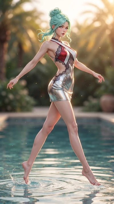 score_9, masterpiece, best quality, ultra-detailed, high-budget anime keyframe, editorial fashion photography, tasteful artistic composition, Japanese woman. low angle full-body shot from head to toe showing her feet, filling the entire 9:16 vertical