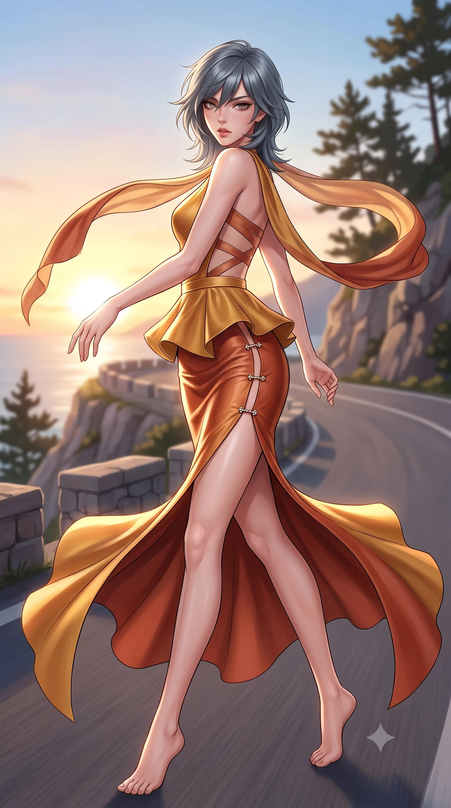 score_9, masterpiece, best quality, ultra-detailed, high-budget anime keyframe, semi-realistic 3D game render, editorial fashion photography, tasteful artistic composition, Caucasian woman. low angle full-body shot from head to toe showing her feet, filling the entire 9:16 vertical frame with her statuesque presence, stretching her vertical silhouette. executing an elegant mid-motion pivot turn as garments swirl around her slender limbs, glancing over her shoulder with an intoxicating bedroom-gaze while striding gracefully along the coastal corniche as sea winds flutter her open silk scarf, hips swaying in an alluring supermodel rhythm. The composition keeps background elements in soft focus with creamy bokeh. winding cliffside road barriers and coastal pine silhouettes softened in glamorous shallow focus. She has an exceptionally tall and slender model-like 8.5-heads proportion, an ultra-slim waist, a flat toned midriff, narrow delicate ribcage, and beautifully sculpted feminine hips creating a graceful, slim hourglass silhouette without any bulky heaviness, with impossibly long slender legs. sharp v-shaped jawline, high-bridge nose, intricate jewel-like eyes with depth, thick eyelashes, glossy parted lips with a natural sheen, intensely captivating and seductive bedroom-eyes expression, flawlessly proportioned anatomical accuracy, strict slender model proportions, natural body alignment, perfectly sculpted long slender limbs, ultra-slim waistline, clean dynamic posture without body distortion. wearing a structural geometric peplum gown with sheer side-ribbon cutouts and form-fitting skirt in molten desert gold and burnt terracotta, crafted from second-skin supple lambskin leather with liquid drape, finished with an ultra-high side slit secured by miniature jeweled clasps, the form-contouring material adhering flawlessly to her sculpted flat midriff and slender torso, emphasizing her long leg lines and perfectly proportioned willowy build. illuminated by bright specular sun glints sharply carving her razor-sharp jawline, narrow waist, and curvy hips. highly saturated vibrant anime colors, detailed shading with soft gradients, rich glossy textures, high-contrast stereoscopic depth, volumetric dynamic lighting, master piece, 9:16 ratio