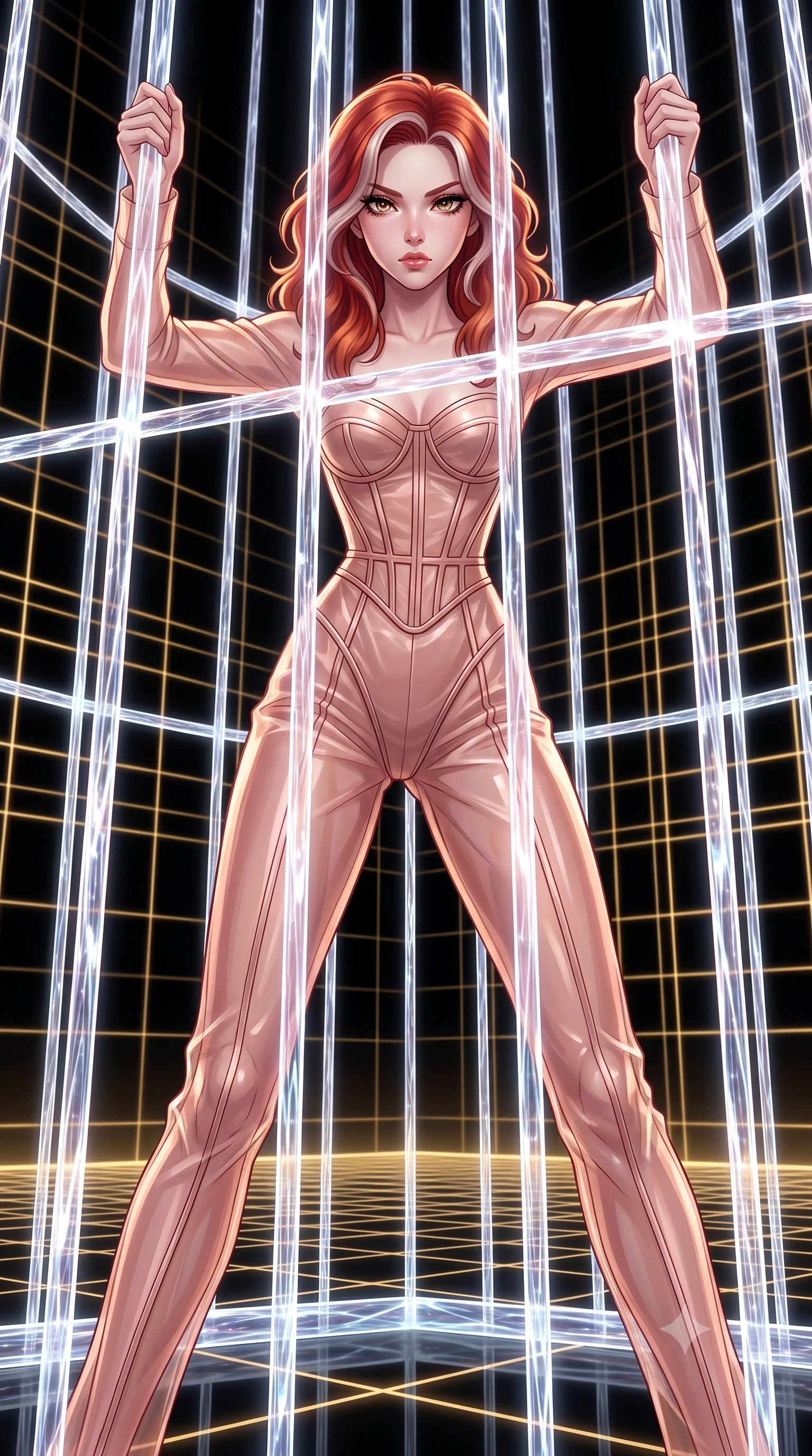 score_9, masterpiece, best quality, ultra-detailed, High-budget Anime Keyframe, Caucasian woman, strictly human ears. Low angle cowboy shot filling the entire 9:16 frame with her statuesque presence. Scenario 535: trapped in a cage of glowing crystalline fibers, her body pressing against the bars, in a digital arena where gold gridlines project onto the black walls. Her presence is magnetic and overpowering in this high-budget anime scene. Outfit 535: a form-contouring rose-gold sheer organza jumpsuit layered over a structured corset bodice. The clothing is designed to emphasize her exceptionally tall and slender 8-heads proportion. 8-heads proportion, towering silhouette, ultra-slim waist. sharp v-shaped jawline, intricate jewel-like eyes with depth, thick eyelashes, glossy lips. 2k, ultra detail, master piece, 9:16 ratio