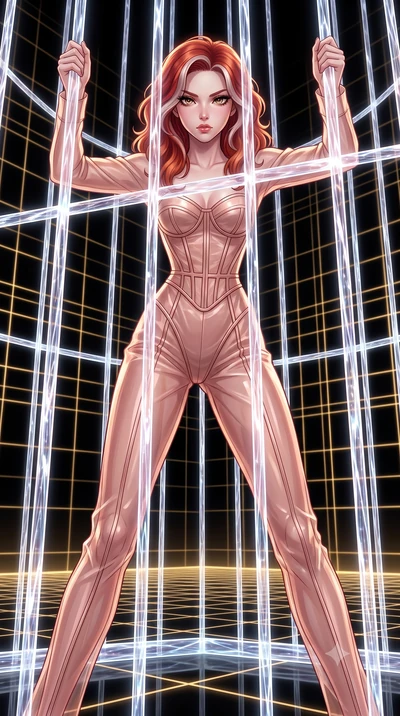 score_9, masterpiece, best quality, ultra-detailed, High-budget Anime Keyframe, Caucasian woman, strictly human ears. Low angle cowboy shot filling the entire 9:16 frame with her statuesque presence. Scenario 535: trapped in a cage of glowing crystal