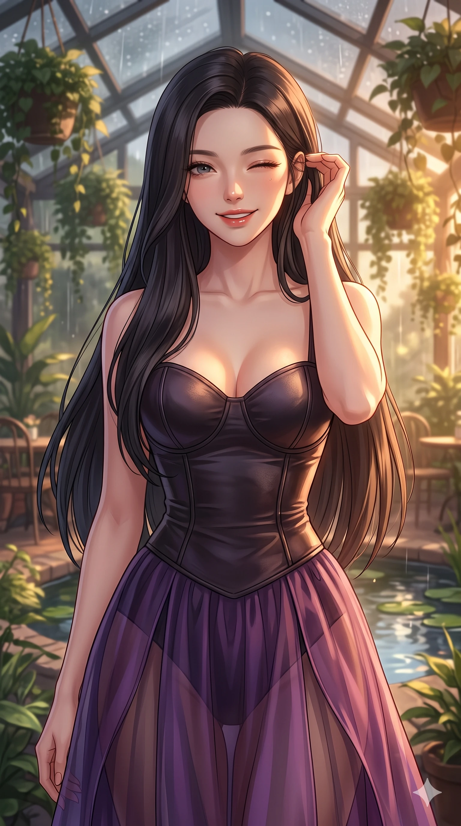 score_9, masterpiece, best quality, ultra-detailed, high-budget anime keyframe, vibrant anime aesthetic, Korean woman. close-up cowboy shot from the waist and thighs up, the character dominates the composition, filling the frame with her large presence, background elements kept in soft focus. She is smiling delightfully while tucking a lock of hair behind her ear, gazing at the camera with sparkling eyes with a captivating and confident presence. the background shows a soft-focus spacious greenhouse cafe filled with hanging plants, where rain drums softly on the glass roof panels (Code-P22-166). She has an absolutely perfect proportion, an exceptionally elegant and slender female figure with an ultra-slim waist. V-shaped jawline, high-bridge nose, intricate jewel-like eyes with depth, thick eyelashes, glossy lips with a natural sheen. wearing a structured leather bodice featuring a sweetheart neckline and a translucent skirt in amethyst purple and silk overlays. She is bathed in soft, glowing golden hour sun casting long, elegant shadows, highlighting her winking face and glossy lips by the quiet garden pond. 2k, ultra detail, master piece, 9:16 ratio