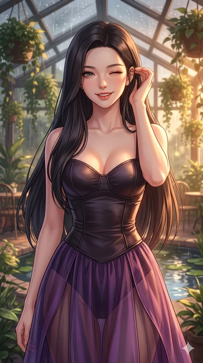 score_9, masterpiece, best quality, ultra-detailed, high-budget anime keyframe, vibrant anime aesthetic, Korean woman. close-up cowboy shot from the waist and thighs up, the character dominates the composition, filling the frame with her large presen