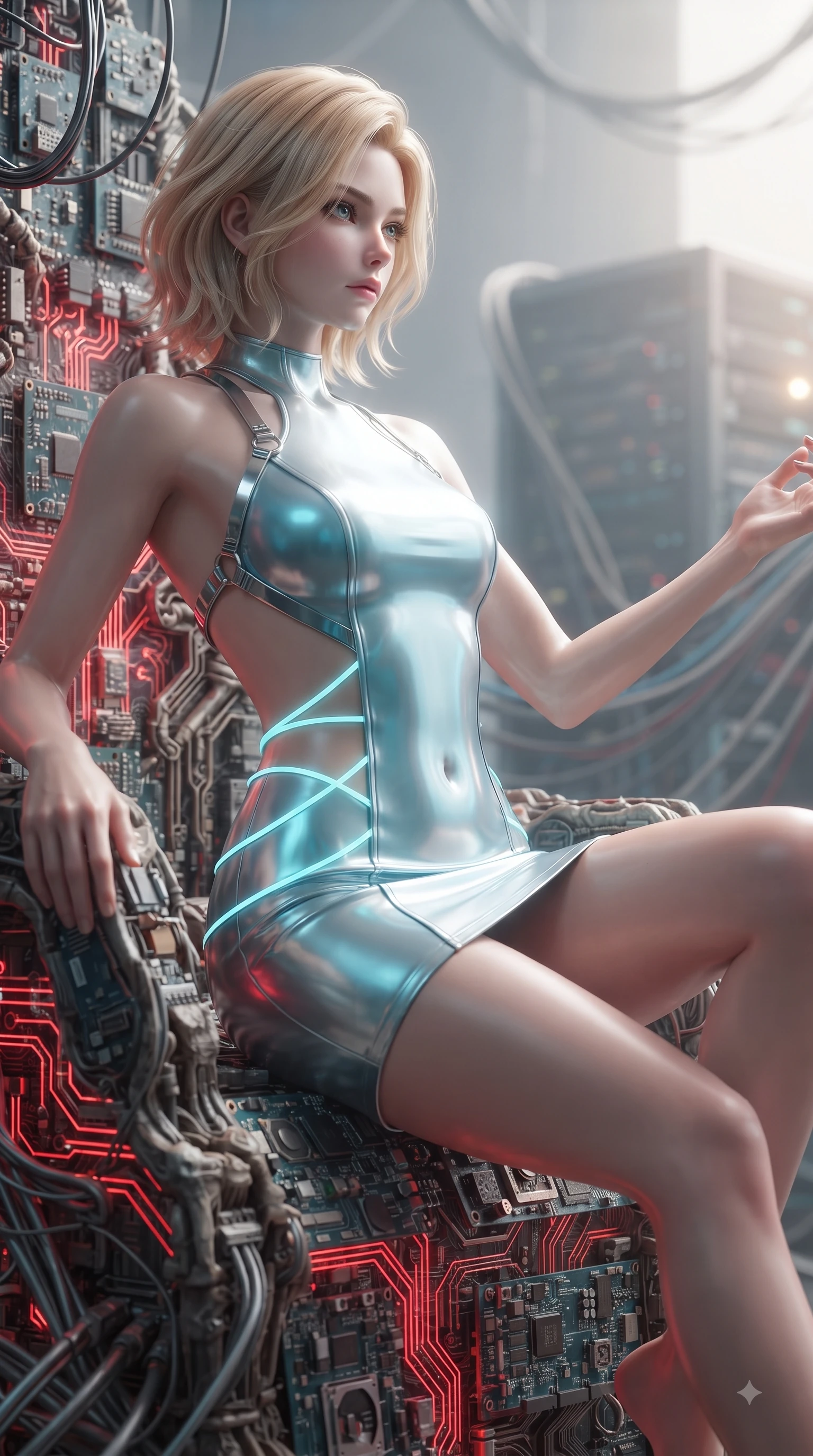score_9, masterpiece, best quality, ultra-detailed, high-budget anime keyframe, editorial fashion photography, tasteful artistic composition, Caucasian woman. close-up cowboy shot from the waist and thighs up, the character dominates the composition, filling the frame with her large presence. extending one arm gracefully toward the light while her torso arches in a sleek, alluring curve with magnetic intensity while seated dynamically on a commanding throne of calcified logic boards and glowing red circuits. The composition keeps background elements in soft focus with creamy bokeh. distant server towers and cable bundles softened in shallow cinematic depth of field. She has an exceptionally elegant, slender, and willowy female figure with an ultra-slim waist, a gracefully sculpted slender torso, and a refined silhouette. sharp v-shaped jawline, high-bridge nose, intricate jewel-like eyes with depth, thick eyelashes, glossy lips with a natural sheen, flawlessly proportioned anatomical accuracy, natural body alignment, perfectly sculpted elegant limbs, clean dynamic posture without body distortion. wearing a second-skin fashion-latex mini dress with a clean architectural front, featuring an open-back design that wraps around the sides of her waist, showcasing her slender silhouette in liquid mercury silver and glowing electric cyan, crafted from ultra-reflective second-skin latex with a glass-like polish, reinforced by a sleek metallic chrome harness and delicate glowing micro-straps, the form-contouring second-skin material highlighting her ultra-slim waist and long lines. surrounded by a powerful, commanding, and fiercely sensual cybernetic aura. ultra-reflective glossy finish, specular highlights, metallic sheen, high-contrast stereoscopic depth, volumetric dynamic lighting, 2k, ultra detail, master piece, 9:16 ratio