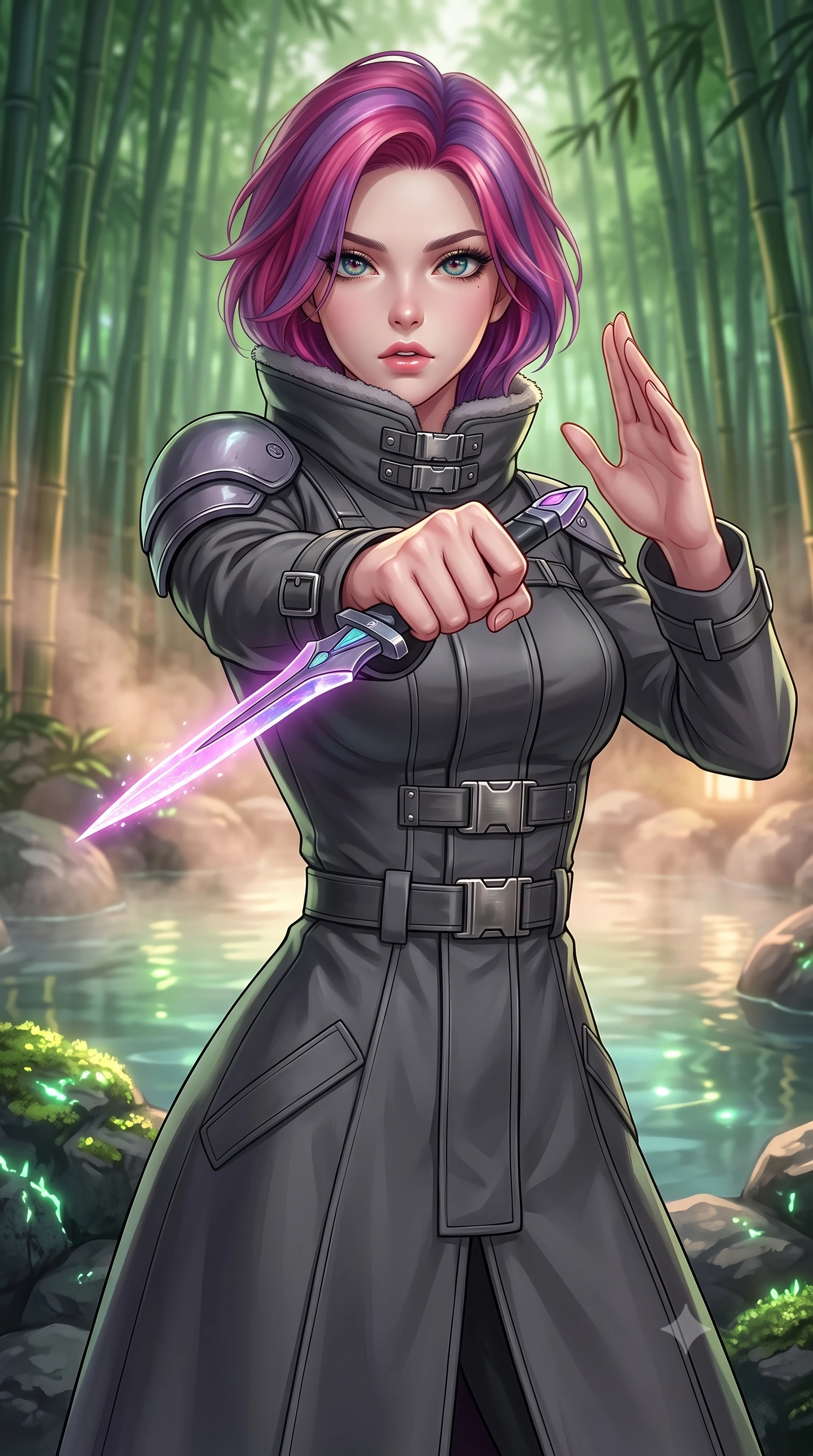 score_9, masterpiece, best quality, ultra-detailed, high-budget anime keyframe, editorial fashion photography, tasteful artistic composition, Caucasian woman. close-up cowboy shot from the waist and thighs up, the character dominates the composition, filling the frame with her large presence, background elements kept in soft focus. pointing a crystal-edged laser dagger forward in a defensive stance, tilting her chin up slightly with lips parted in a composed pose, the background shows a soft-focus a rock garden hot spring inside a bamboo grove, with warm water and steam. She has an exceptionally elegant, slender, and willowy female figure with an ultra-slim waist, a gracefully sculpted slender torso, and a refined silhouette. sharp v-shaped jawline, high-bridge nose, intricate jewel-like eyes with depth, thick eyelashes, glossy lips with a natural sheen. wearing a slim-fit tailored future military trench coat in charcoal grey, worn closed with heavy metallic buckles and high-collar lining. soft flickering light from glowing moss reflecting on the water surface. highly saturated vibrant anime colors, detailed shading with soft gradients, rich glossy textures, high-contrast stereoscopic depth, volumetric dynamic lighting, master piece, 9:16 ratio