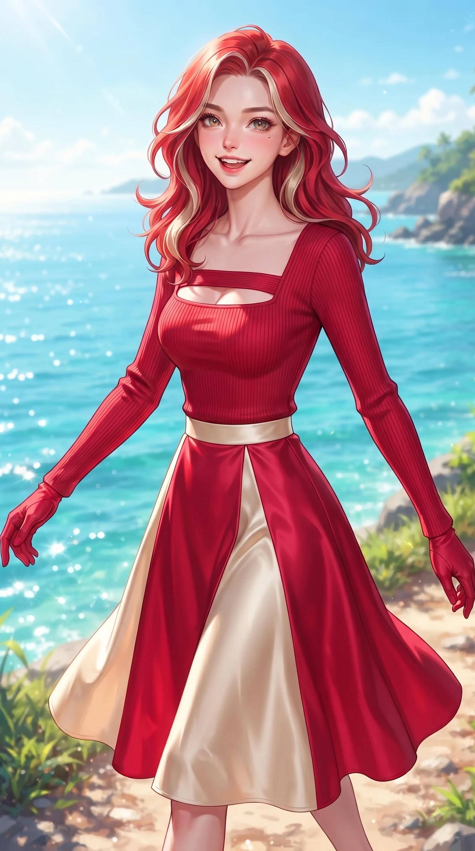 score_9, masterpiece, best quality, ultra-detailed, high-budget anime keyframe, editorial fashion photography, tasteful artistic composition, Caucasian woman. close-up cowboy shot from the waist and thighs up, the character dominates the composition, filling the frame with her large presence. Youthful bright smile exuding pure cute charm and fresh energy, her torso turning dynamically into the lens while strolling along a sun-drenched island path with the sparkling sea stretching into the distance. The surrounding environment is rendered in vivid detail and crisp panoramic clarity. glistening ocean water refractions and coastal scenery rendered with sharp environmental detail. She has an exceptionally elegant, slender, and willowy female figure with an ultra-slim waist, a gracefully sculpted slender torso, and a refined silhouette. sharp v-shaped jawline, high-bridge nose, intricate jewel-like eyes with depth, thick eyelashes, glossy lips with a natural sheen, flawlessly proportioned anatomical accuracy, natural body alignment, perfectly sculpted elegant limbs, clean dynamic posture without body distortion. wearing a chic square-neck ribbed top paired with a flowing A-line midi skirt in vivid crimson red and champagne cream, crafted from smooth liquid silk satin, accented with a Tasteful chest slit framing her clavicle gracefully, the glove-like fit emphasizing her statuesque silhouette during motion. bathed in bright tropical sunshine and glittering ocean water refractions. ultra-reflective glossy finish, specular highlights, metallic sheen, high-contrast stereoscopic depth, volumetric dynamic lighting, 2k, ultra detail, master piece, 9:16 ratio