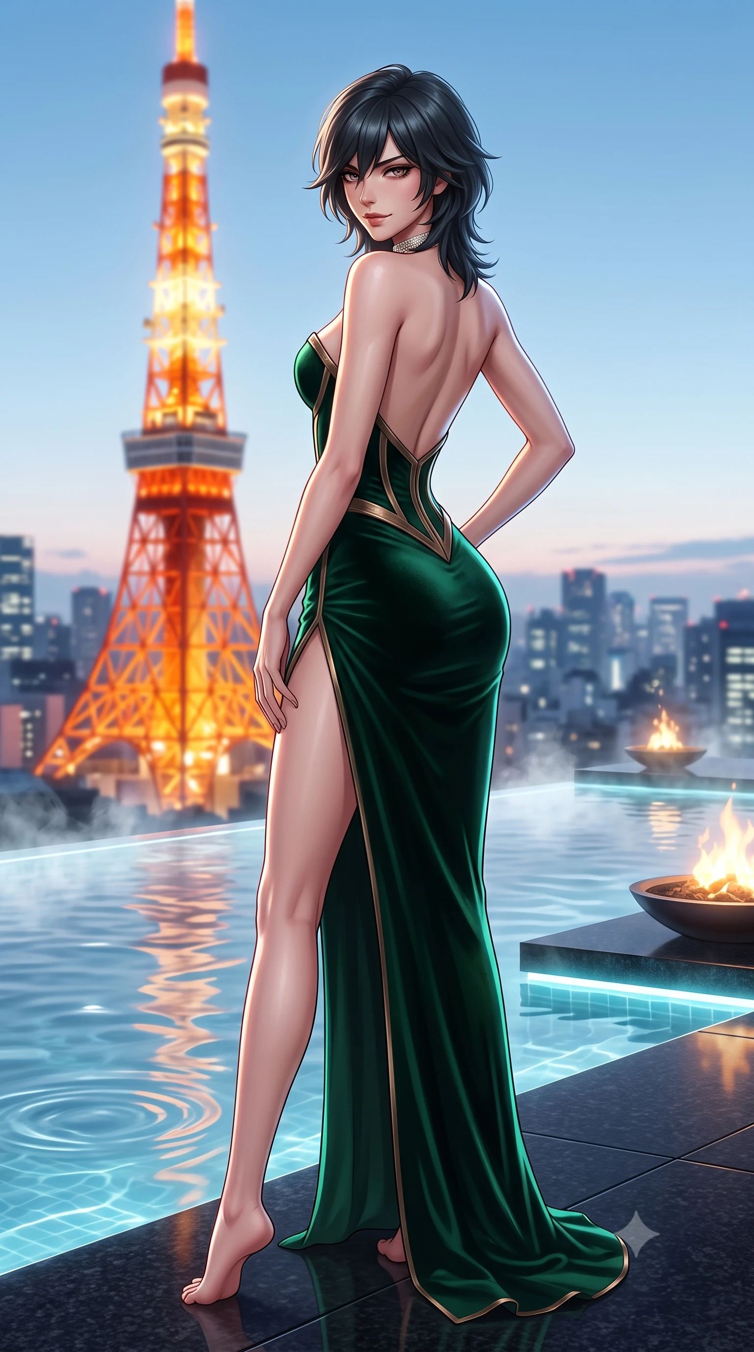 score_9, masterpiece, best quality, ultra-detailed, high-budget anime keyframe, semi-realistic 3D game render, editorial fashion photography, tasteful artistic composition, Caucasian woman. low angle full-body shot from head to toe showing her feet, filling the entire 9:16 vertical frame with her statuesque presence, stretching her vertical silhouette. posing with back turned slightly to the lens, glancing back with an intoxicating, dangerous smile as she arches her lower back to emphasize her sculpted feminine hips and slender waist while standing poised at the edge of the illuminated black-granite infinity pool, arching her back as the iconic glowing orange Tokyo Tower towers in the background. The composition keeps background elements in soft focus with dreamy creamy bokeh. steaming infinity pool water ripples and minimalist poolside fire pits softened in futuristic luxury shallow focus. She has an exceptionally tall and slender model-like 8.5-heads proportion, an ultra-slim waist, a flat toned midriff, narrow delicate ribcage, and beautifully sculpted feminine hips creating a graceful, slim hourglass silhouette without any bulky heaviness, with impossibly long slender legs. sharp v-shaped jawline, high-bridge nose, intricate jewel-like dark sparkling eyes with dangerous depth, thick curled eyelashes, glossy parted lips with a rich wine sheen, smoldering seductive half-smile with bedroom-eyes, exuding effortless superiority and intoxicating dark allure, flawlessly proportioned anatomical accuracy, strict slender model proportions, natural body alignment, perfectly sculpted long slender limbs, ultra-slim waistline, clean dynamic posture without body distortion. wearing a sculpted strapless velvet corset gown with an hourglass bodycon silhouette and high front leg slit in dark emerald green and brushed antique bronze, tailored from fine lightweight midnight wool crepe with crisp architectural structure, finished with a delicate diamond choker catching the chandelier light, the precision-cut side openings and low-back scoop framing her graceful spine and the sensual sweep of her slim, toned hips. illuminated by underwater pool LED accents and crisp platinum rim lighting sharply defining her slim waist, toned midriff, and curvy hips. highly saturated vibrant anime colors, detailed shading with soft gradients, rich glossy textures, high-contrast stereoscopic depth, volumetric dynamic lighting, master piece, 9:16 ratio