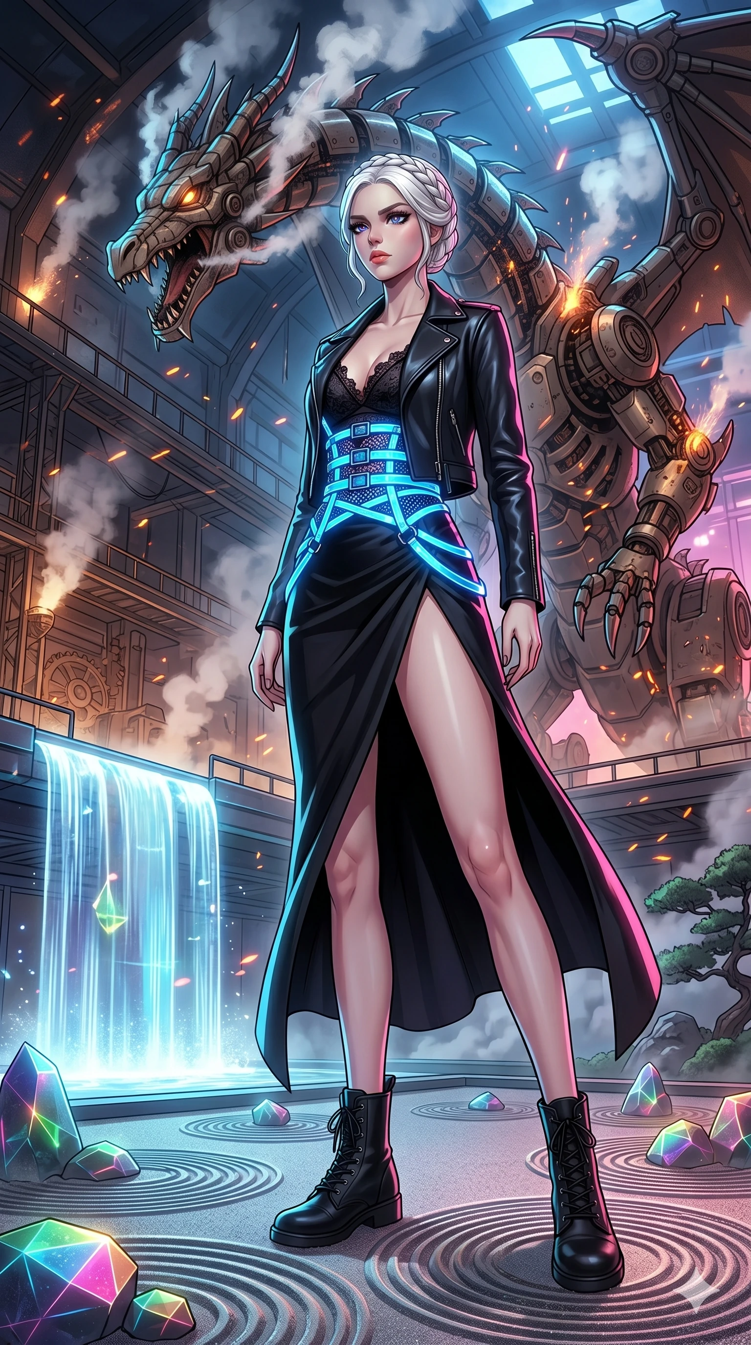score_9, masterpiece, best quality, ultra-detailed, High-budget Anime Keyframe, vibrant colors, fluid line-art, expressive lighting, cinematic composition, Ufotable-style visual effects, top-tier animation quality, Caucasian woman with pale skin, blonde hair, and (strictly human ears). Cinematic low angle perspective showcasing her towering height and perfect 8-heads proportion. Staring down a colossal mechanical dragon within a sprawling steampunk workshop, steam and embers filling the air. She has an absolutely perfect 8-heads proportion, an exceptionally tall and slender female figure with impossibly long slender legs and an ultra-slim waist, her statuesque height and towering silhouette dominating the vertical 9:16 frame. Her face is a masterpiece featuring a sharp v-shaped jawline, high-bridge nose, intricate jewel-like eyes with depth, thick eyelashes, and glossy lips with a natural sheen. She is wearing a stylishly unzipped leather jacket over a delicate lace top and a stylish belt harness crafted from Fluorescent mesh that glows brightly under neon light, highlighting her silhouette, with a dangerous high slit that showcases her impossibly long slender legs. The scene is set in a serene Zen garden with metallic sand, glowing stones, and a holographic waterfall, illuminated by harsh neon light and deep shadows creating a high-contrast noir aesthetic. 2k, ultra detail, master piece, 9:16 ratio