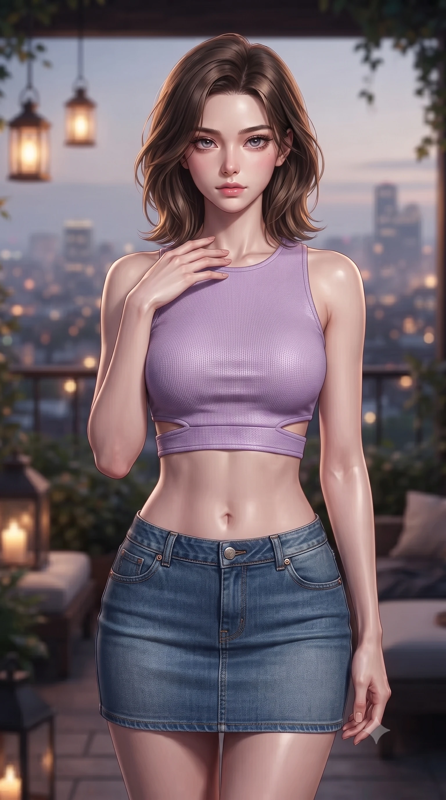 score_9, masterpiece, best quality, ultra-detailed, high-budget anime keyframe, editorial fashion photography, tasteful artistic composition, Korean woman. close-up cowboy shot from the waist and thighs up, the character dominates the composition, filling the frame with her large presence, background elements kept in soft focus. standing with one hand resting on her collarbone, looking at the viewer with bedroom-eyes the background shows a soft-focus a secluded rooftop garden veranda at a historic estate overlooking city lights. She has an exceptionally elegant, slender, and willowy female figure with an ultra-slim waist, a gracefully sculpted slender torso, and a refined silhouette. sharp v-shaped jawline, high-bridge nose, intricate jewel-like eyes with depth, thick eyelashes, glossy lips with a natural sheen. wearing a body-hugging modern crop top in lavender cotton paired with a low-rise denim skirt and a subtle waist cut-out. soft ambient city glow contrasting with the warm light of hanging lanterns. ultra-reflective glossy finish, specular highlights, metallic sheen, high-contrast stereoscopic depth, volumetric dynamic lighting, 2k, ultra detail, master piece, 9:16 ratio