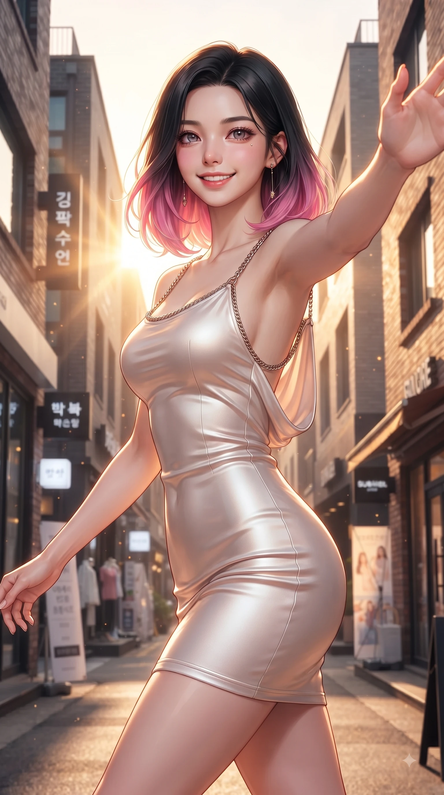 score_9, masterpiece, best quality, ultra-detailed, high-budget anime keyframe, editorial fashion photography, tasteful artistic composition, Korean woman. close-up cowboy shot from the waist and thighs up, the character dominates the composition, filling the frame with her large presence, background elements kept in soft focus. Fresh enchanting smile, her eyes twinkling like jewels in the bright sunlight as one arm reaches out cheerfully while walking dynamically down a vibrant Seongsu-dong alley lined with trendy fashion pop-up stores, warm golden hour sunbursts filtering between modern brick buildings. She has an exceptionally elegant, slender, and willowy female figure with an ultra-slim waist, a gracefully sculpted slender torso, and a refined silhouette. sharp v-shaped jawline, high-bridge nose, intricate jewel-like eyes with depth, thick eyelashes, glossy lips with a natural sheen, flawlessly proportioned anatomical accuracy, natural body alignment, perfectly sculpted elegant limbs, clean dynamic posture without body distortion. wearing a precision-fitted liquid jersey bodycon dress with a graceful draped back in pearl white and rose gold, crafted from smooth liquid silk, adorned with delicate metallic chain straps along the neckline, the tailored fabric tightly following every curve of her athletic build. bathed in bright golden hour sunshine and warm urban ambient illumination. ultra-reflective glossy finish, specular highlights, metallic sheen, high-contrast stereoscopic depth, volumetric dynamic lighting, 2k, ultra detail, master piece, 9:16 ratio