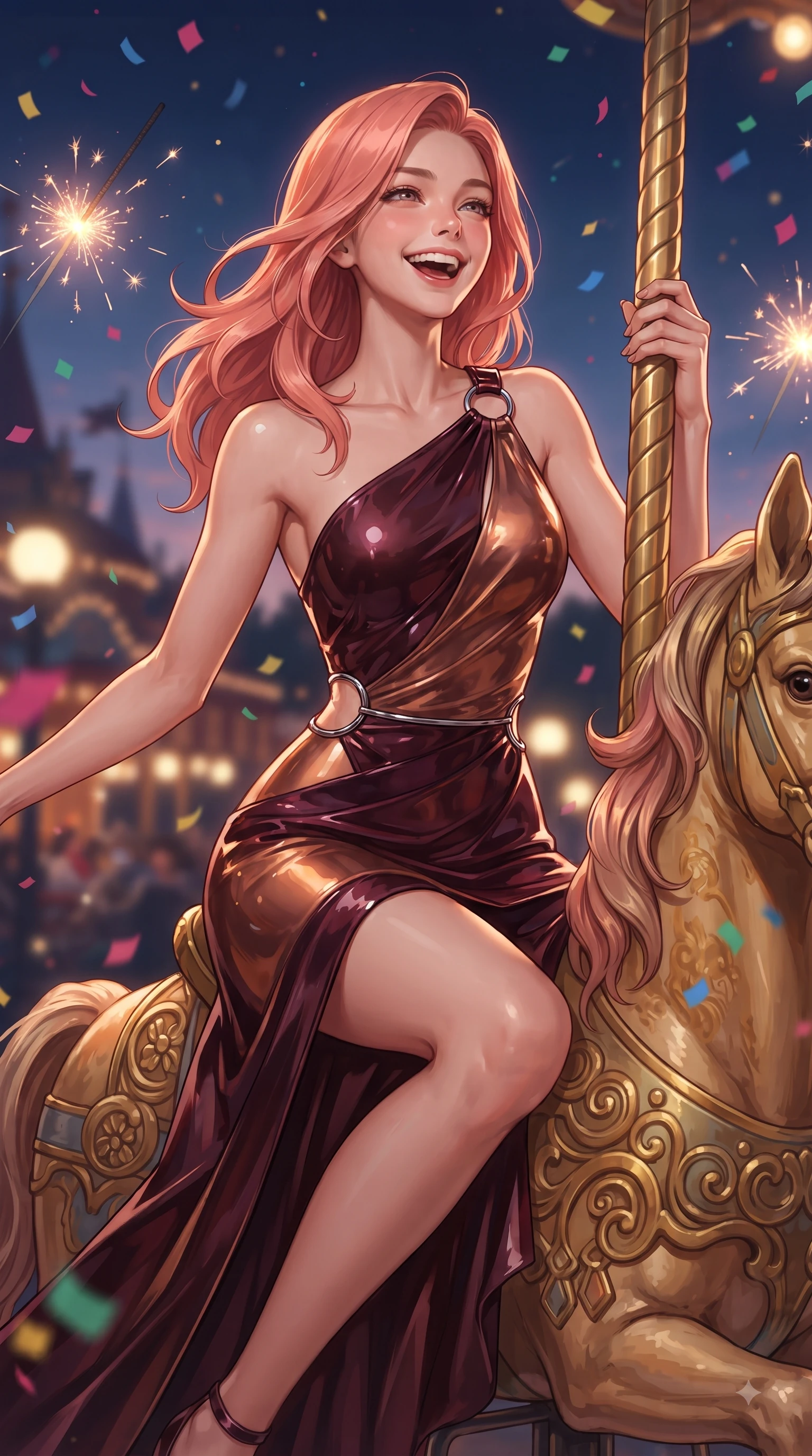 score_9, masterpiece, best quality, ultra-detailed, high-budget anime keyframe, editorial fashion photography, tasteful artistic composition, Japanese woman. close-up cowboy shot from the waist and thighs up, the character dominates the composition, filling the frame with her large presence, background elements kept in soft focus. Tilting her chin up with a beaming smile of pure delight while balancing dynamically amidst the scene while riding a ornate wooden carousel horse with a pure, joyful laughing expression at dusk, floating sparklers and carnival confetti adding festive, happy energy to the air. She has an exceptionally elegant, slender, and willowy female figure with an ultra-slim waist, a gracefully sculpted slender torso, and a refined silhouette. sharp v-shaped jawline, high-bridge nose, intricate jewel-like eyes with depth, thick eyelashes, glossy lips with a natural sheen, flawlessly proportioned anatomical accuracy, natural body alignment, perfectly sculpted elegant limbs, clean dynamic posture without body distortion. wearing an asymmetrical Grecian draped chiffon gown with a metallic shoulder ring in deep burgundy and bronze, tailored from high-gloss patent leather, accented with delicate chrome ring hardware framing her waist, the sleek second-skin texture accentuating her magnetic presence. surrounded by a bright, magical theme park ambiance with rich specular glow. ultra-reflective glossy finish, specular highlights, metallic sheen, high-contrast stereoscopic depth, volumetric dynamic lighting, 2k, ultra detail, master piece, 9:16 ratio