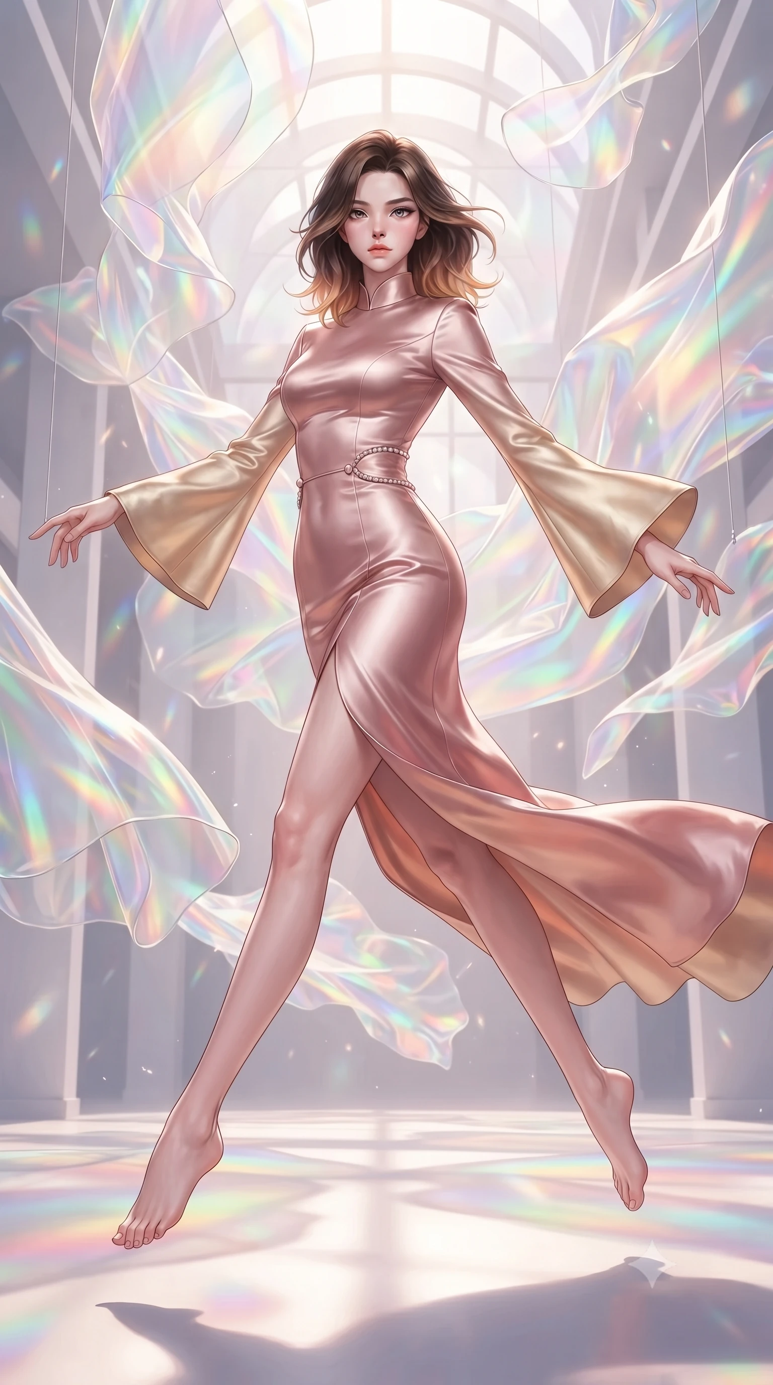 score_9, masterpiece, best quality, ultra-detailed, high-budget anime keyframe, editorial fashion photography, tasteful artistic composition, Korean woman. low angle full-body shot from head to toe showing her feet, filling the entire 9:16 vertical frame with her statuesque presence, stretching her vertical silhouette. leaping dynamically through the luminous sky, her posture full of power and elegance, navigating a high-fashion pavilion filled with suspended holographic fabric sculptures, soft sunlight filtering through organza layers casting pastel color shadows. She has an absolutely perfect, statuesque 8.5-heads proportion, an exceptionally tall and slender model-like female figure with impossibly long slender legs and an ultra-slim waist. sharp v-shaped jawline, high-bridge nose, intricate jewel-like eyes with depth, thick eyelashes, glossy lips with a natural sheen. wearing gothic high-collar rose-gold silk evening gown with long bell sleeves in champagne gold, made of soft rose-gold satin, adorned with minimalist pearl hardware framing the waistline, following her slender form with tailored precision. illuminated by brilliant multi-color rainbow light refracting through holographic organza. highly saturated vibrant anime colors, detailed shading with soft gradients, rich glossy textures, high-contrast stereoscopic depth, volumetric dynamic lighting, master piece, 9:16 ratio