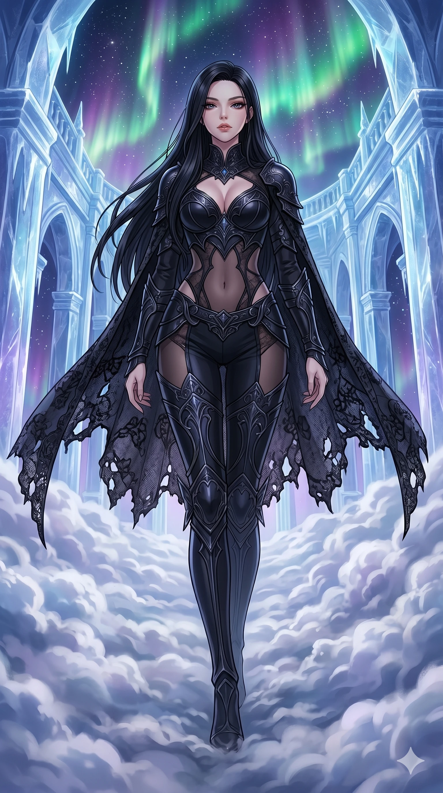 score_9, masterpiece, best quality, ultra-detailed, high-budget anime movie keyframe, cinematic anime lighting, intricate line art, Japanese woman. Low angle cowboy shot filling the entire 9:16 frame with her statuesque presence. navigating a sea of clouds in a frozen starlight ballroom amidst aurora borealis. She has an absolutely perfect 8-heads proportion, an exceptionally tall and slender female figure with an ultra-slim waist and impossibly long slender legs. sharp v-shaped jawline, high-bridge nose, intricate jewel-like eyes, thick eyelashes, glossy lips. Wearing dark fantasy gothic leather armor with ornate obsidian plates, a tattered lace cape, and sheer mesh cut-outs at the midriff, exuding a mysterious allure. The scene is illuminated by dramatic atmospheric lighting and vibrant color palettes. , 2k, ultra detail, master piece, 9:16 ratio