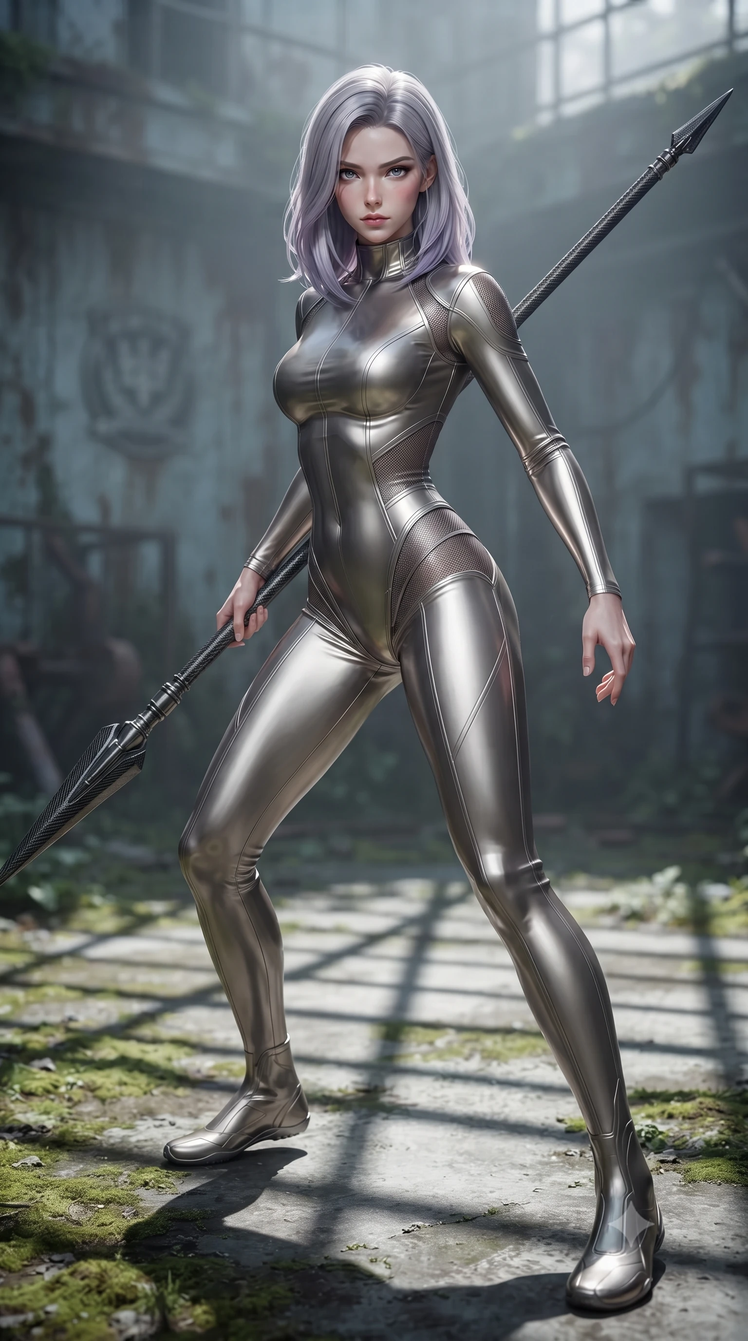 score_9, masterpiece, best quality, ultra-detailed, high-budget anime keyframe, editorial fashion photography, tasteful artistic composition, Caucasian woman. low angle full-body shot from head to toe showing her feet, filling the entire 9:16 vertical frame with her statuesque presence, stretching her vertical silhouette. standing in a dynamic combat stance with a carbon-fiber spear held diagonally, stretching her statuesque body, the background shows a soft-focus an abandoned pilot academy courtyard surrounded by cold iron walls and moss. She has an absolutely perfect, statuesque 8.5-heads proportion, an exceptionally tall and slender model-like female figure with impossibly long slender legs and an ultra-slim waist. sharp v-shaped jawline, high-bridge nose, intricate jewel-like eyes with depth, thick eyelashes, glossy lips with a natural sheen. wearing a body-hugging body-hugging titanium-sheen mock-neck bodysuit, featuring elastic compression panels at the waist. crisp morning sunlight casting sharp, clean grid shadows across the courtyard. ultra-reflective glossy finish, specular highlights, metallic sheen, high-contrast stereoscopic depth, volumetric dynamic lighting, 2k, ultra detail, master piece, 9:16 ratio