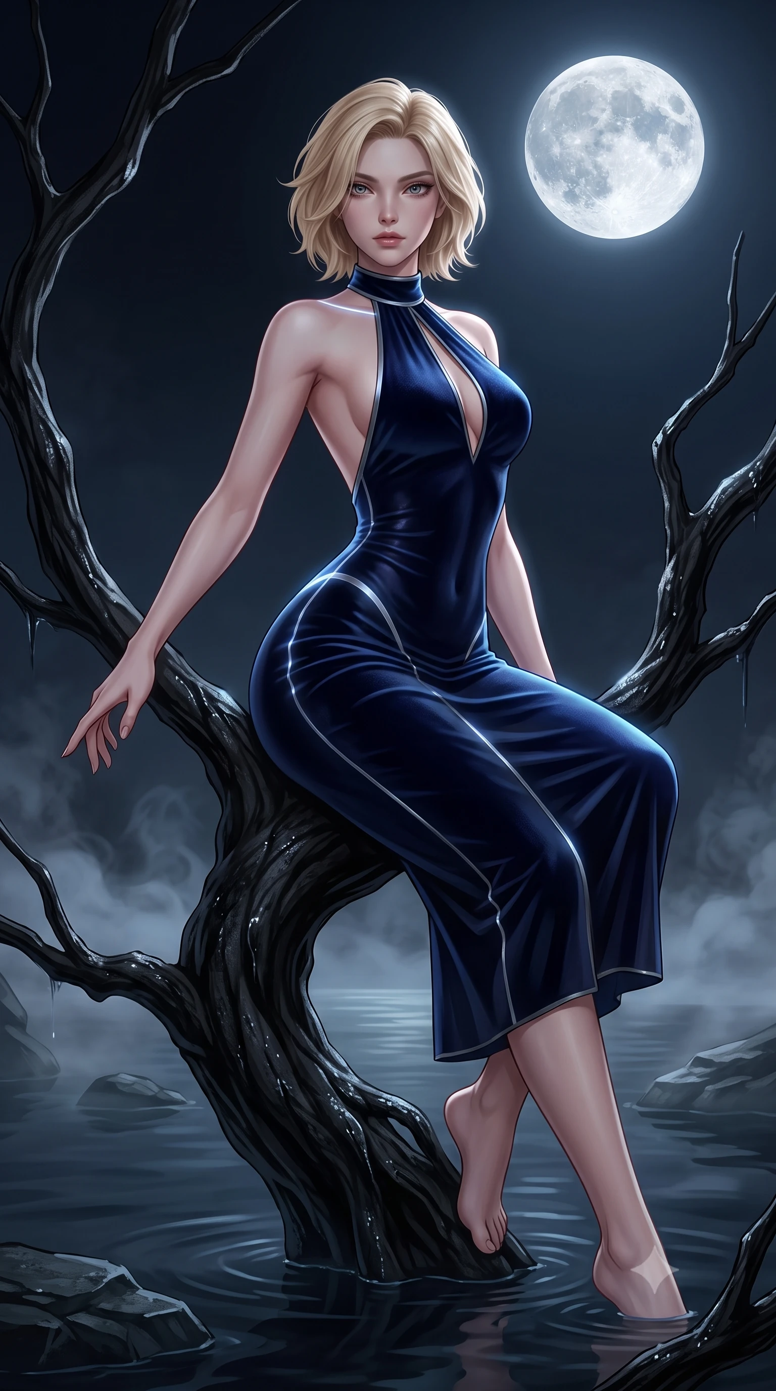 score_9, masterpiece, best quality, ultra-detailed, high-budget anime keyframe, semi-realistic 3D game render, editorial fashion photography, tasteful artistic composition, Caucasian woman. close-up cowboy shot from the waist and thighs up, the character dominates the composition, filling the frame with her large presence. extending one arm gracefully toward the shadows while her torso arches in a sleek, alluring curve with intoxicating, dangerous allure while perched alluringly on a twisted black cypress branch rising out of mirror-still dark swamp water under a full moon. The surrounding environment is rendered in vivid detail and crisp panoramic clarity. sharp submerged stone edges, mist vapor swirls, and pale lunar crater patterns in high clarity. She has an exceptionally elegant, slender, and willowy female figure with an ultra-slim waist, a gracefully sculpted slender torso, toned flat midriff, and a refined slim silhouette. sharp v-shaped jawline, high-bridge nose, intricate jewel-like eyes with depth, thick eyelashes, glossy lips with a natural sheen, flawlessly proportioned anatomical accuracy, strict slender model proportions, natural body alignment, perfectly sculpted long slender limbs, ultra-slim waistline, clean dynamic posture without body distortion. wearing a velvet halter-neck midi dress fitting her statuesque contour flawlessly with a Tasteful chest slit and open spine in midnight navy blue and shadowed silver trim, tailored from semi-translucent dark cybernetic vinyl with subtle glowing micro-filaments, accented with glowing fiber-optic seams tracing her collarbones and hip curves in the gloom, the sleek second-skin cut tightly hugging her graceful clavicle, narrow waist, and feminine curves with athletic precision. surrounded by a primal, bewitching, and deeply provocative swamp-enchantress aura. rich saturated anime colors with deep moody shadows, detailed chiaroscuro shading with soft gradients, rich glossy textures, high-contrast stereoscopic depth, volumetric dynamic shadow lighting, master piece, 9:16 ratio