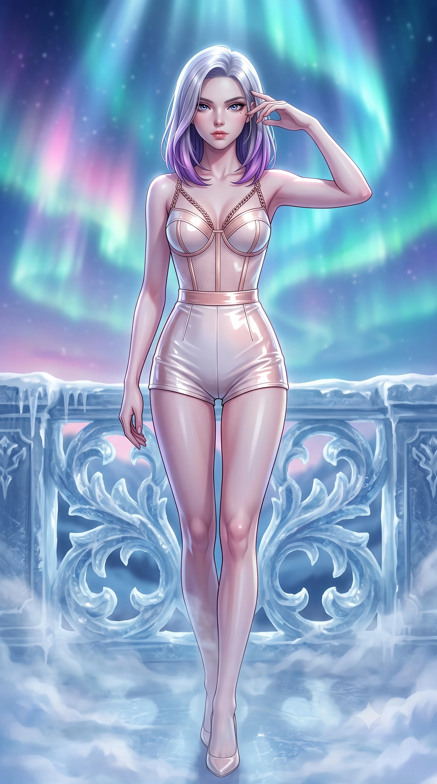score_9, masterpiece, best quality, ultra-detailed, high-budget anime keyframe, editorial fashion photography, tasteful artistic composition, Caucasian woman. close-up cowboy shot from the waist and thighs up, the character dominates the composition, filling the frame with her large presence, background elements kept in soft focus. Resting her fingers gracefully near her temple, casting a sharp mysterious side-gaze during her stride while standing dynamically on an ice-carved opera balcony under a soaring polar aurora sky, sub-zero mist swirling gently around her long slender legs and athletic build. She has an exceptionally elegant, slender, and willowy female figure with an ultra-slim waist, a gracefully sculpted slender torso, and a refined silhouette. sharp v-shaped jawline, high-bridge nose, intricate jewel-like eyes with depth, thick eyelashes, glossy lips with a natural sheen, flawlessly proportioned anatomical accuracy, natural body alignment, perfectly sculpted elegant limbs, clean dynamic posture without body distortion. wearing a delicate see-through mesh top with structured cup boning and micro-shorts in pearl white and rose gold, tailored from high-gloss patent leather, adorned with delicate metallic chain straps along the neckline, the sleek second-skin texture accentuating her magnetic presence. illuminated by dramatic opera key lights with ultra-bright specular highlights. highly saturated vibrant anime colors, detailed shading with soft gradients, rich glossy textures, high-contrast stereoscopic depth, volumetric dynamic lighting, master piece, 9:16 ratio