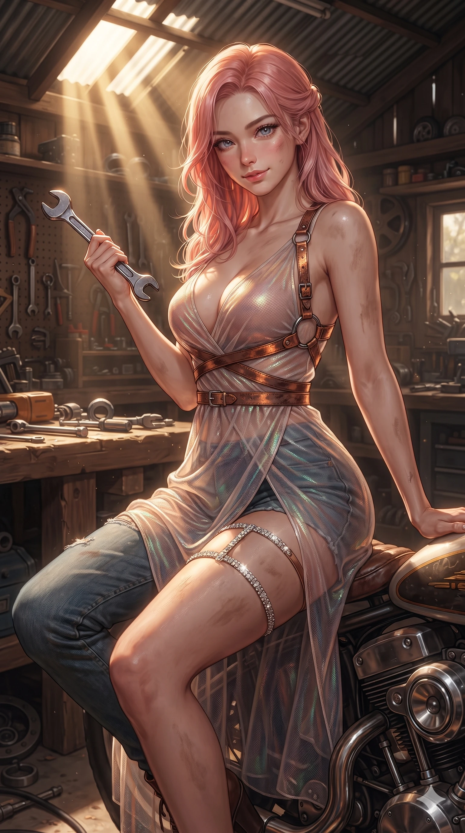 score_9, masterpiece, best quality, ultra-detailed, high-budget anime keyframe, editorial fashion photography, tasteful artistic composition, Japanese woman. close-up cowboy shot from the waist and thighs up, the character dominates the composition, filling the frame with her large presence. perched sideways on the motorcycle saddle, one knee drawn up to showcase her slender leg line while her arched back accentuates her feminine hip curve while leaning against a heavy-duty timber workbench holding a chrome wrench, hips cocked back as directional sunbeams carve specular highlights along her silhouette. The surrounding environment is rendered in vivid detail and crisp panoramic clarity: detailed cut-off denim texture, subtle smudge on skin, and authentic workshop craftsmanship in high resolution. She has an exceptionally elegant, slender, and willowy female figure with an ultra-slim waist, flat toned midriff, narrow ribcage, and sculpted feminine hips creating an alluring, slim hourglass silhouette without bulk. sharp v-shaped jawline, high-bridge nose, sparkling eyes with hypnotic seductive depth, thick curled eyelashes, glossy parted lips with a natural dewy peach sheen, alluring bedroom-eyes with an enchanting coquettish smile, exuding magnetic siren charisma and sophisticated glamour, flawlessly proportioned anatomical accuracy, strict slender model proportions, natural body alignment, perfectly sculpted long slender limbs, ultra-slim waistline, clean dynamic posture without body distortion. wearing a plunge-front sheer illusion tulle slip dress with distressed leather harness straps contouring her spine in molten metallic copper and radiant desert sand, crafted from translucent iridescent mesh with a wet-look second-skin cling, finished with delicate crystal-encrusted thigh garter straps glinting in the sunlight, the high-slit wrap tailoring accentuating her ultra-slim waistline and the enchanting curve of her feminine hips with alluring seductive charm. bathed in dramatic shafts of golden afternoon sunlight cutting through corrugated roof cracks and dusty air with intense chiaroscuro contrast. ultra-reflective glossy finish, specular highlights, rich textural contrasts, high-contrast stereoscopic depth, volumetric dynamic lighting, 2k, ultra detail, master piece, 9:16 ratio
