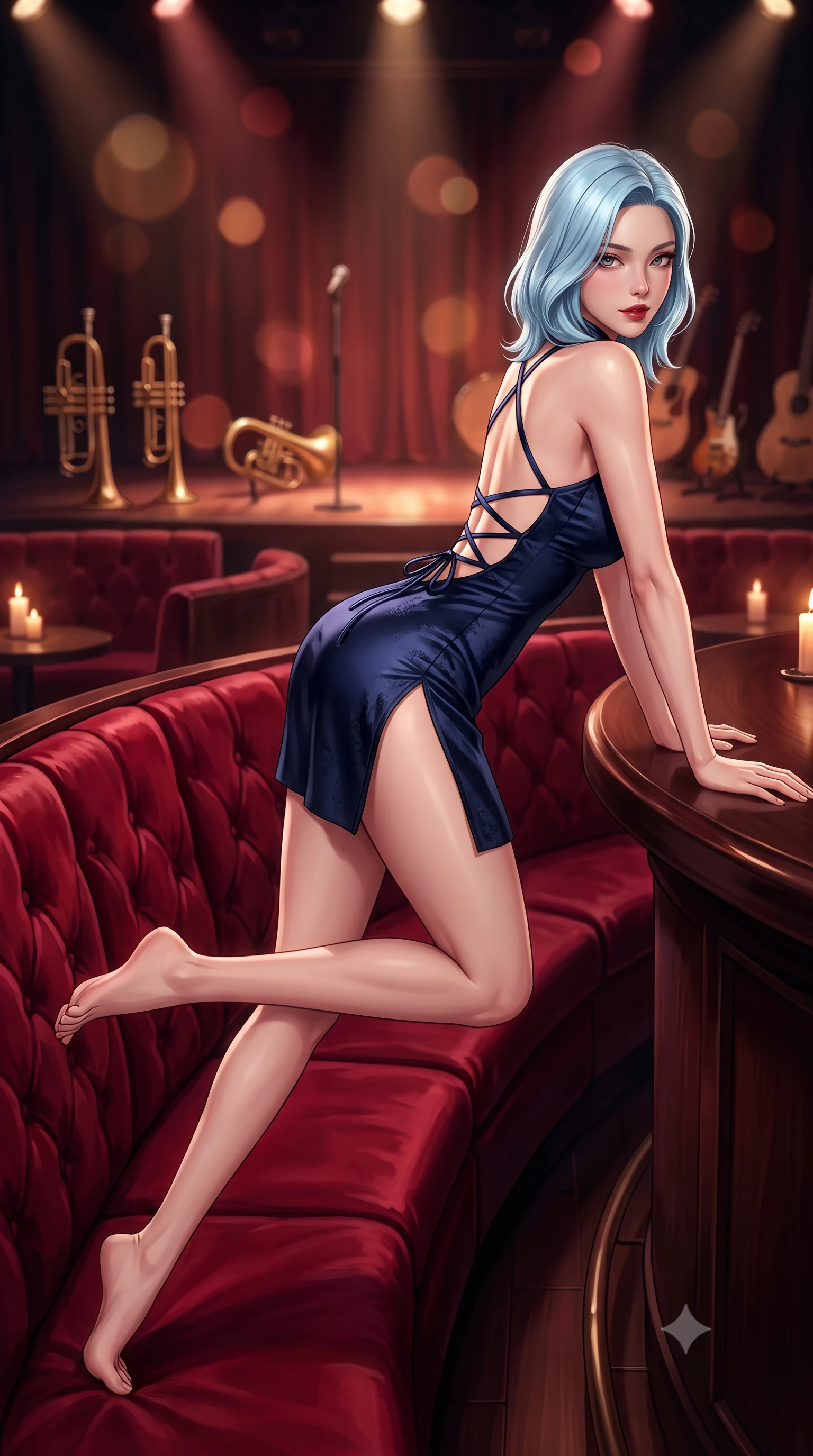 score_9, masterpiece, best quality, ultra-detailed, high-budget anime keyframe, semi-realistic 3D game render, editorial fashion photography, tasteful artistic composition, Korean woman. low angle full-body shot from head to toe showing her feet, filling the entire 9:16 vertical frame with her statuesque presence, stretching her vertical silhouette. reclining languidly across the velvet banquette with one knee bent and hips angled toward the camera, displaying her toned midriff and long slender limbs with effortless sensual charisma while leaning over the curved dark mahogany bar counter with hips angled back, arching her spine with relaxed seductive grace as she gazes directly into the lens. The composition keeps background elements in soft focus with dreamy creamy bokeh. vintage brass trumpets on the moody dimly-lit stage and crimson tufted banquettes blurred into warm ruby, copper, and honey bokeh. She has an exceptionally tall and slender model-like 8.5-heads proportion, an ultra-slim waist, a flat toned midriff, narrow delicate ribcage, and beautifully sculpted feminine hips creating a graceful, slim hourglass silhouette without any bulky heaviness, with impossibly long slender legs. sharp v-shaped jawline, high-bridge nose, intricate jewel-like dark sparkling eyes with dangerous depth, thick curled eyelashes, glossy parted lips with a rich wine sheen, smoldering seductive half-smile with bedroom-eyes, exuding effortless superiority and intoxicating dark allure, flawlessly proportioned anatomical accuracy, strict slender model proportions, natural body alignment, perfectly sculpted long slender limbs, ultra-slim waistline, clean dynamic posture without body distortion. wearing a modern tailored cheongsam mini dress in midnight navy jacquard silk with dramatic side hip slits in pure obsidian monochrome with subtle metallic sheen, crafted from heavy fluid silk satin with a liquid mirror-like drape, featuring a dramatic criss-cross satin back lacing tracing her slender spine, the form-fitting cut adhering flawlessly to her sculpted flat midriff and slender torso, emphasizing her long leg lines and perfectly proportioned willowy build. bathed in soft flickering candlelight and moody theatrical stage downlights. highly saturated vibrant anime colors, detailed shading with soft gradients, rich glossy textures, high-contrast stereoscopic depth, volumetric dynamic lighting, master piece, 9:16 ratio
