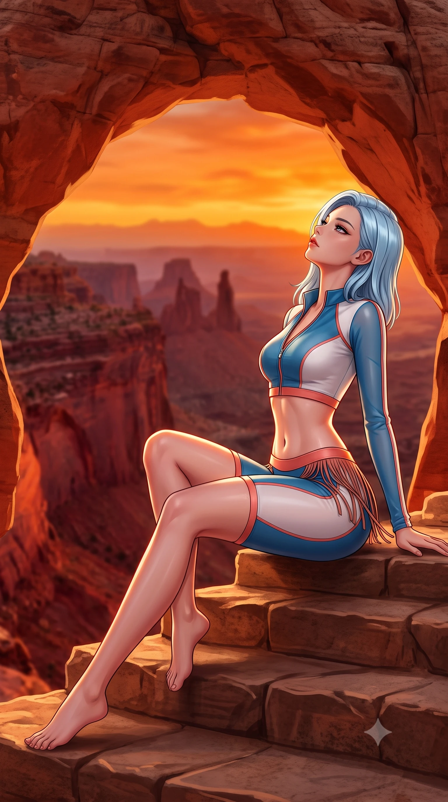 score_9, masterpiece, best quality, ultra-detailed, high-budget anime keyframe, semi-realistic 3D game render, editorial fashion photography, tasteful artistic composition, Korean woman. low angle full-body shot from head to toe showing her feet, filling the entire 9:16 vertical frame with her statuesque presence, stretching her vertical silhouette. sitting poised on the stone steps with one knee bent, arching her spine with supermodel elegance as she glances upward through thick eyelashes while framed within the dramatic red sandstone natural arch high above the canyon, arching her back with breathtaking goddess grace. The background shows a soft-focus deep canyon crevices, pine-dotted plateaus, and molten orange sunset sky blurred into crimson, copper, and fiery gold bokeh. She has an absolutely perfect, statuesque 8.5-heads proportion, an exceptionally tall and slender model-like female figure with impossibly long slender legs, an ultra-slim waist, a flat toned midriff, narrow delicate ribcage, and beautifully sculpted feminine hips creating a graceful, slim hourglass silhouette without any bulky heaviness. sharp v-shaped jawline, high-bridge nose, sparkling eyes with hypnotic seductive depth, thick curled eyelashes, glossy parted lips with a natural dewy peach sheen, alluring bedroom-eyes with an enchanting coquettish smile, exuding magnetic siren charisma and sophisticated glamour, flawlessly proportioned anatomical accuracy, strict slender model proportions, natural body alignment, perfectly sculpted long slender limbs, ultra-slim waistline, clean dynamic posture without body distortion. wearing a modern two-piece desert outlaw set featuring a zip-front crop jacket and curve-hugging low-rise biker shorts in Mediterranean cerulean blue and optic white with coral trims, made of semi-opaque stretch illusion mesh with soft shadowy contours, finished with a delicate leather fringe trim fluttering along her hip line with kinetic charm, the form-contouring silhouette accentuating her sculpted flat midriff, narrow delicate ribcage, and gracefully curvy hips with intoxicating allure. illuminated by sandstone reflection fill and sharp warm-amber rim lights sculpting her jawline, narrow waist, and voluptuous hip curves. highly saturated vibrant anime colors, detailed shading with soft gradients, rich glossy textures, high-contrast stereoscopic depth, volumetric dynamic lighting, master piece, 9:16 ratio