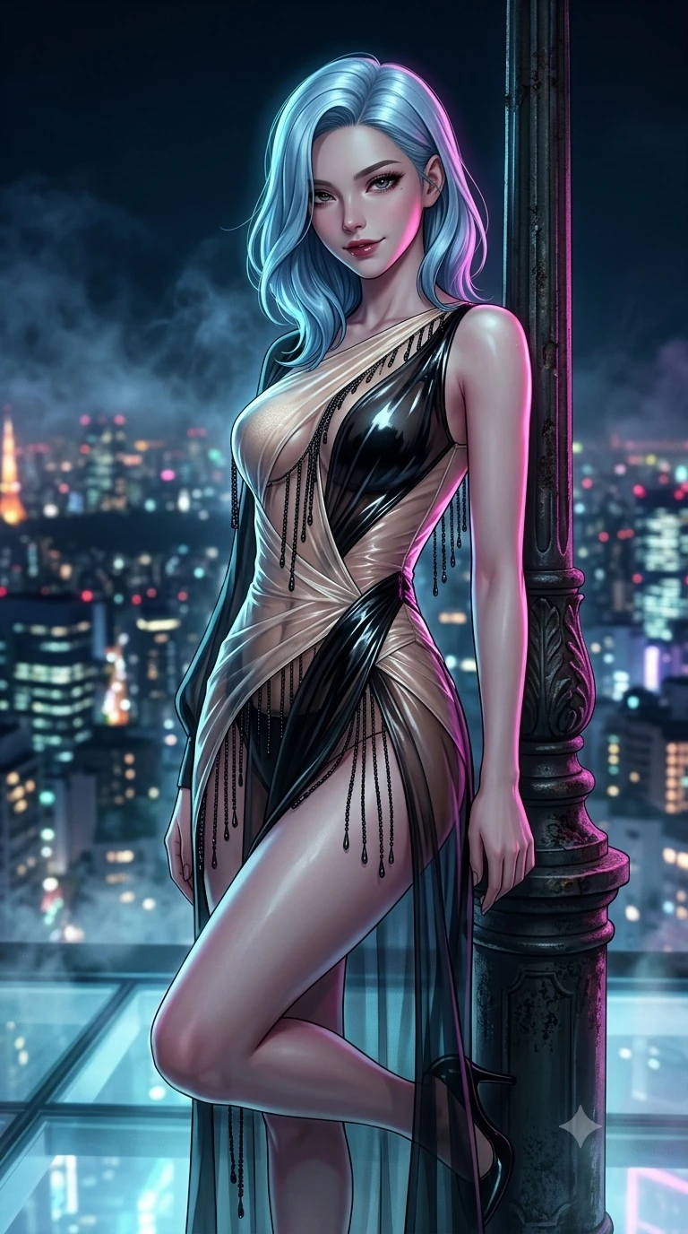 score_9, masterpiece, best quality, ultra-detailed, high-budget anime keyframe, semi-realistic 3D game render, editorial fashion photography, tasteful artistic composition, Korean woman. close-up cowboy shot from the waist and thighs up, the character dominates the composition, filling the frame with her large presence. leaning against a historic cast-iron lamppost with one knee bent, night mist drifting through her hair as her dark outfit traces her feminine curves while twisting her slender torso in an alluring contrapposto stance above the glowing megalopolis, electric neon reflections contouring her waist and hips. The background shows a soft-focus epic Tokyo skyline panoramic overlook softened in high-altitude shallow focus. She has an exceptionally elegant, slender, and willowy female figure with an ultra-slim waist, flat toned midriff, narrow ribcage, and sculpted feminine hips creating an alluring, slim hourglass silhouette without bulk. sharp v-shaped jawline, high-bridge nose, intricate jewel-like dark sparkling eyes with dangerous depth, thick curled eyelashes, glossy parted lips with a rich wine sheen, smoldering seductive half-smile with bedroom-eyes, exuding effortless superiority and intoxicating dark allure, flawlessly proportioned anatomical accuracy, strict slender model proportions, natural body alignment, perfectly sculpted long slender limbs, ultra-slim waistline, clean dynamic posture without body distortion. wearing a delicate semi-translucent wet-look mesh bodysuit clinging sheerly to her sculpted torso and hip curves in celestial champagne ivory and high-gloss jet black, crafted from translucent iridescent mesh with a wet-look second-skin cling, accented with fine jet-black beaded tassels that sway with each movement, the high-slit wrap tailoring accentuating her ultra-slim waistline and the enchanting curve of her feminine hips with alluring seductive charm. illuminated by glass floor upward bounce and sharp magenta-cyan rim lights sculpting her razor-sharp jawline, narrow waist, and curvy hips. highly saturated vibrant anime colors, detailed shading with soft gradients, rich glossy textures, high-contrast stereoscopic depth, volumetric dynamic lighting, master piece, 9:16 ratio