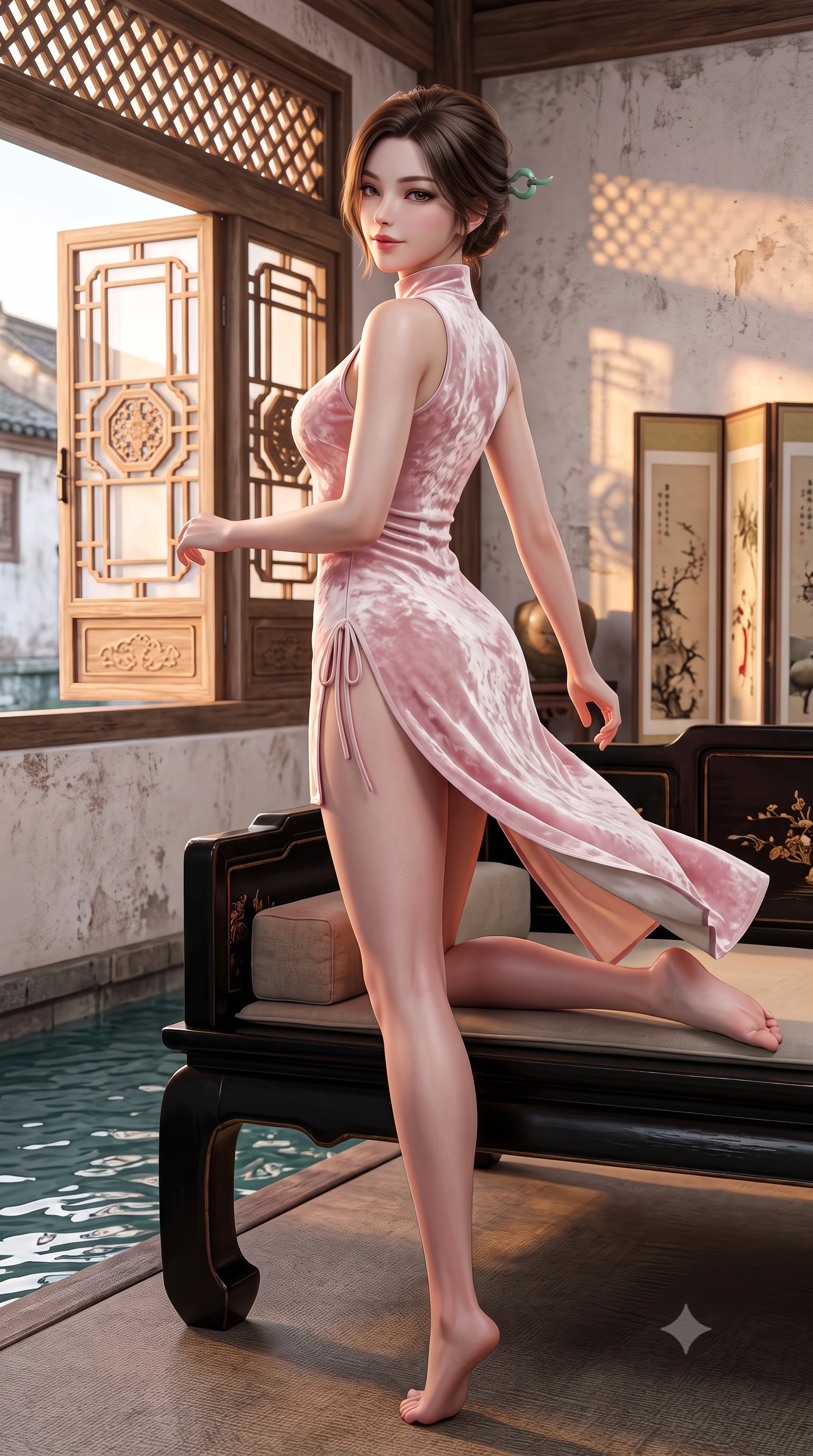 score_9, masterpiece, best quality, ultra-detailed, high-budget anime keyframe, semi-realistic 3D game render, editorial fashion photography, tasteful artistic composition, Korean woman. low angle full-body shot from head to toe showing her feet, filling the entire 9:16 vertical frame with her statuesque presence, stretching her vertical silhouette. executing a graceful dancer pivot turn as her layered silk chima skirt flutters around her slender legs, glancing over her shoulder with an intoxicating bedroom-gaze while lounging in an antique black lacquer daybed with one knee drawn up, her modern high-slit cheongsam displaying her long slender legs. The surrounding environment is rendered in vivid detail and crisp panoramic clarity: sharp carved wooden window lattice patterns, weathered whitewashed plaster texture, and canal water ripples in deep focus. She has an absolutely perfect, statuesque 8.5-heads proportion, an exceptionally tall and slender model-like female figure with impossibly long slender legs, an ultra-slim waist, a flat toned midriff, narrow delicate ribcage, and beautifully sculpted feminine hips creating a graceful, slim hourglass silhouette without any bulky heaviness. sharp v-shaped jawline, high-bridge nose, intricate jewel-like dark sparkling almond eyes with depth, thick lashes, glossy parted lips with a natural rose-plum sheen, bright alluring and coquettish smile with bedroom-eyes, exuding both timeless oriental elegance and sovereign high-fashion allure, flawlessly proportioned anatomical accuracy, strict slender model proportions, natural body alignment, perfectly sculpted long slender limbs, ultra-slim waistline, clean dynamic posture without body distortion. wearing a form-contouring sleeveless turtleneck mini dress in liquid silk satin with subtle side hip ties and high slits in soft cherry blossom pink and pearlescent ivory, crafted from sumptuous crushed winter velvet with deep light-absorbing plushness, featuring a modern sculptural jade hair pin securing her loose silky updo, the form-fitting tailored bodice adhering flawlessly to her sculpted flat midriff and slender torso, emphasizing her long leg lines and perfectly proportioned willowy build. bathed in warm late-afternoon golden hour light reflecting off whitewashed walls and calm waters. highly saturated vibrant anime colors, detailed shading with soft gradients, rich glossy textures, high-contrast stereoscopic depth, volumetric dynamic lighting, master piece, 9:16 ratio