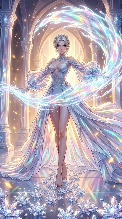 score_9, masterpiece, best quality, ultra-detailed, Set A: High-budget Anime Keyframe, Japanese woman. Low angle cowboy shot filling the entire 9:16 frame with her statuesque presence. Theme: Ethereal Dream. unleashing a massive energy wave in a temp