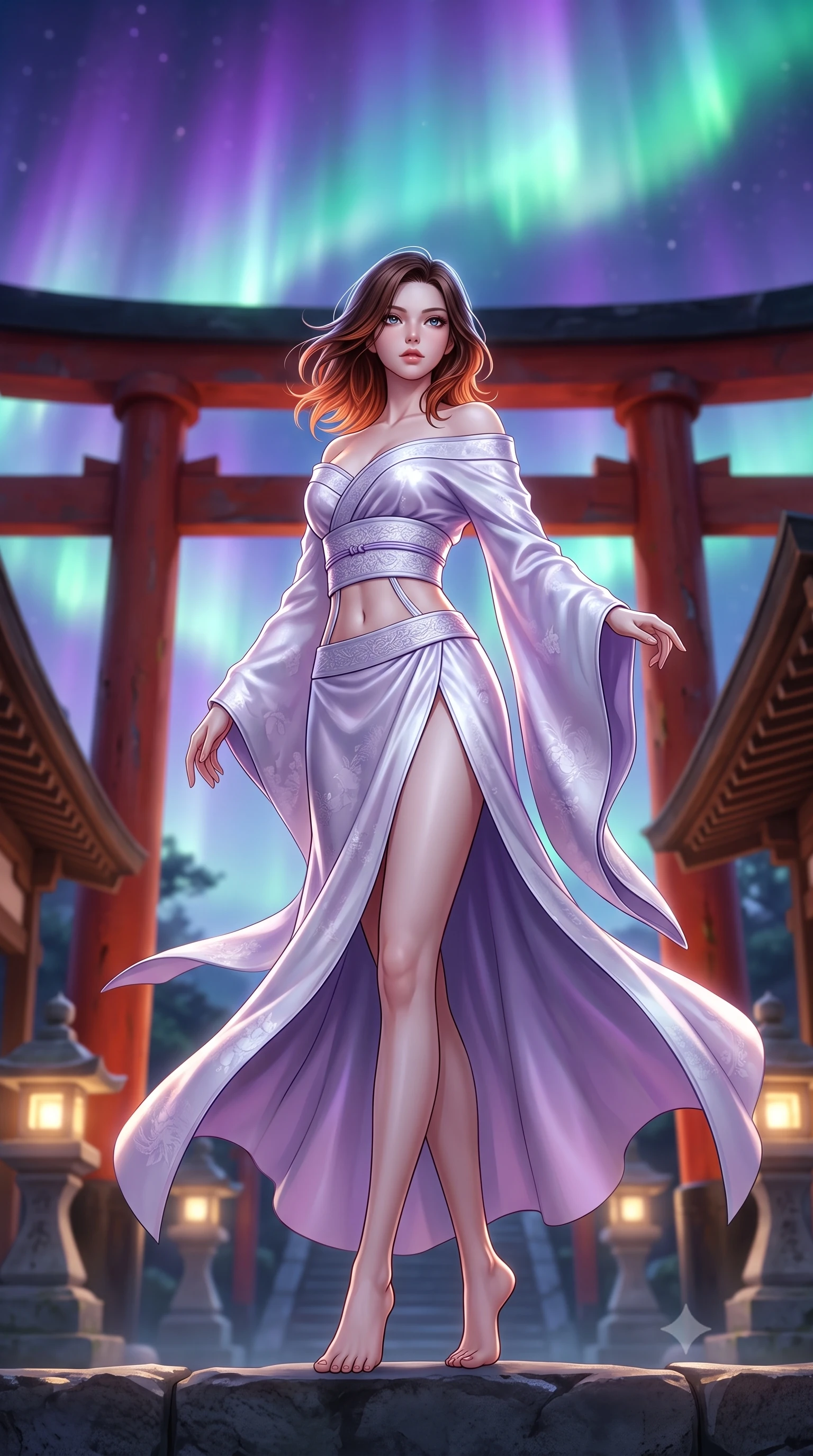 score_9, masterpiece, best quality, ultra-detailed, high-budget anime keyframe, semi-realistic 3D game render, editorial fashion photography, tasteful artistic composition, Korean woman. low angle full-body shot from head to toe showing her feet, filling the entire 9:16 vertical frame with her statuesque presence, stretching her vertical silhouette. executing an elegant mid-motion spin with effortless grace, her garments fluttering softly around her ultra-slim waistline while standing atop a mountain shrine ridge framed by a colossal vermilion torii gate under a dancing violet and emerald aurora. The composition keeps background elements in soft focus with creamy bokeh. glowing stone lanterns and wooden shrine eaves softened in cinematic shallow depth of field. She has an absolutely perfect, statuesque 8.5-heads proportion, an exceptionally tall and slender model-like female figure with impossibly long slender legs, a toned flat midriff, and an ultra-slim waist. sharp v-shaped jawline, high-bridge nose, intricate jewel-like eyes with depth, thick eyelashes, glossy lips with a natural sheen, captivating and magnetic expression, flawlessly proportioned anatomical accuracy, strict slender model proportions, natural body alignment, perfectly sculpted long slender limbs, ultra-slim waistline, clean dynamic posture without body distortion. wearing an off-shoulder celestial kimono gown with fluttering silk drapes and a high side slit in ethereal lilac mist and pearlescent white, made of liquid-smooth silk satin with subtle floral jacquard, finished with a wide embroidered waist band emphasizing her slender midriff, the precision-cut daring openings accentuating her delicate midriff, graceful bare collarbones, and ultra-slim feminine waistline. illuminated by crisp directional rim lighting accentuating her slender curves, bare spine, and flowing robes. highly saturated vibrant anime colors, detailed shading with soft gradients, rich glossy textures, high-contrast stereoscopic depth, volumetric dynamic lighting, master piece, 9:16 ratio