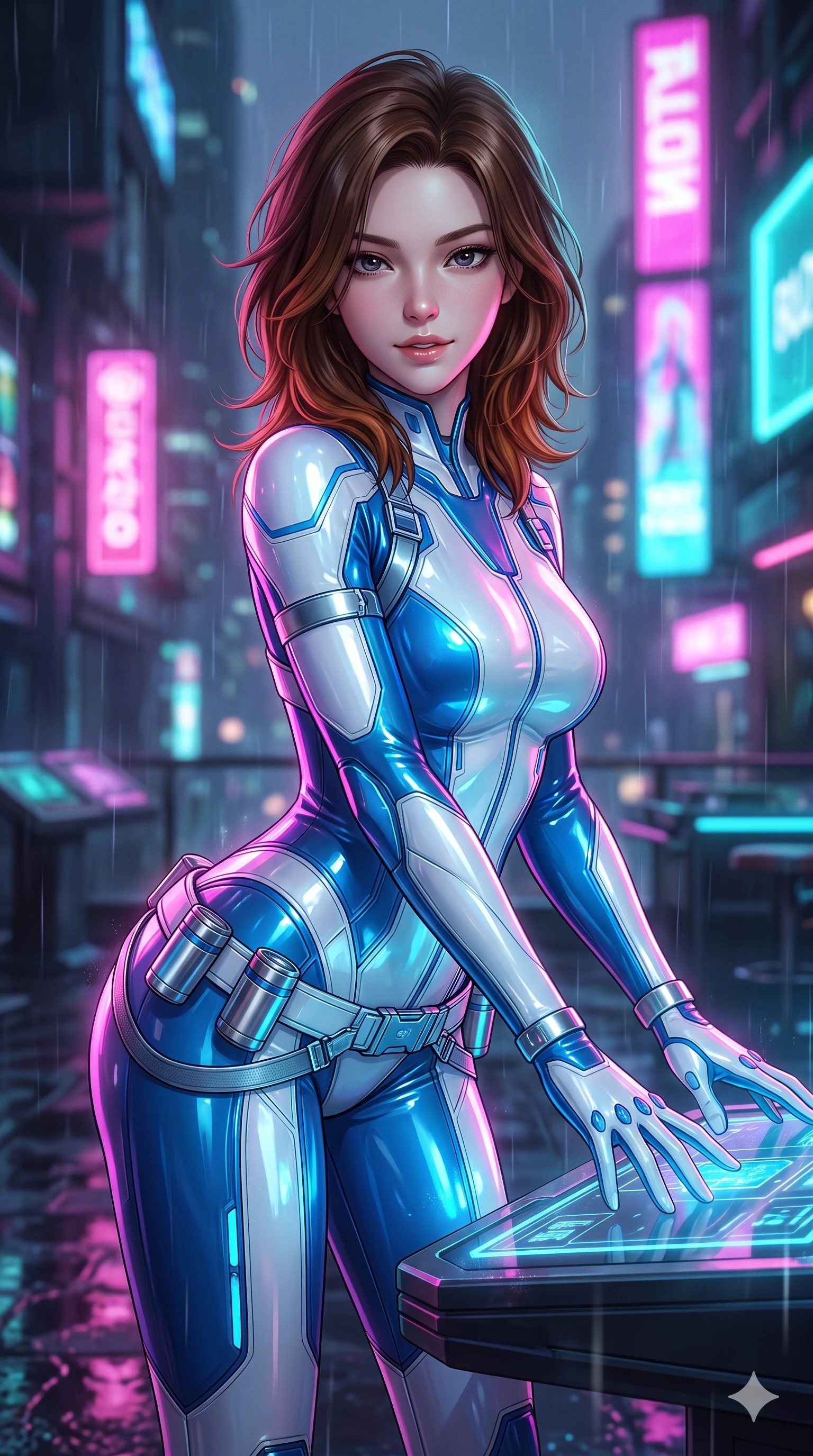 score_9, masterpiece, best quality, ultra-detailed, high-budget anime keyframe, semi-realistic 3D game render, editorial fashion photography, tasteful artistic composition, Korean woman. close-up cowboy shot from the waist and thighs up, the character dominates the composition, filling the frame with her large presence. leaning forward over the holographic console while arching her lower back to accentuate her curvy hips, looking into the camera with an intoxicating smoldering bedroom-gaze while twisting her slender torso in an alluring contrapposto, vibrant magenta and electric cyan billboard glows tracing her narrow waist and curvy hips. The background shows a soft-focus light rain mist softened in cyber casino terrace shallow focus. She has an exceptionally elegant, slender, and willowy female figure with an ultra-slim waist, flat toned midriff, narrow ribcage, and sculpted feminine hips creating an alluring, slim hourglass silhouette without bulk. sharp v-shaped jawline, high-bridge nose, intricate jewel-like sparkling eyes with depth, thick eyelashes, glossy parted lips with a natural sheen, bright confident smile with an enchanting and coquettish sensual glint, exuding both youthful magnetic charm and sovereign high-tech allure, flawlessly proportioned anatomical accuracy, strict slender model proportions, natural body alignment, perfectly sculpted long slender limbs, ultra-slim waistline, clean dynamic posture without body distortion. wearing an ultra-sleek form-contouring thermal silicone composite catsuit adhering seamlessly like a second skin in arctic snowflake white and electric plasma blue, tailored from ultra-reflective glossy liquid vinyl with mirror-like specular highlights, accented with a sleek utility belt with polished magnetic canisters resting loosely on her curvy hips, the form-fitting tactical tailoring adhering flawlessly to her sculpted flat midriff and slender torso, emphasizing her long leg lines and perfectly proportioned willowy build. illuminated by terrace floor puddle reflections and sharp magenta-cyan rim lights sculpting her razor-sharp jawline, narrow waist, and curvy hips. highly saturated vibrant anime colors, detailed shading with soft gradients, rich glossy textures, high-contrast stereoscopic depth, volumetric dynamic lighting, master piece, 9:16 ratio