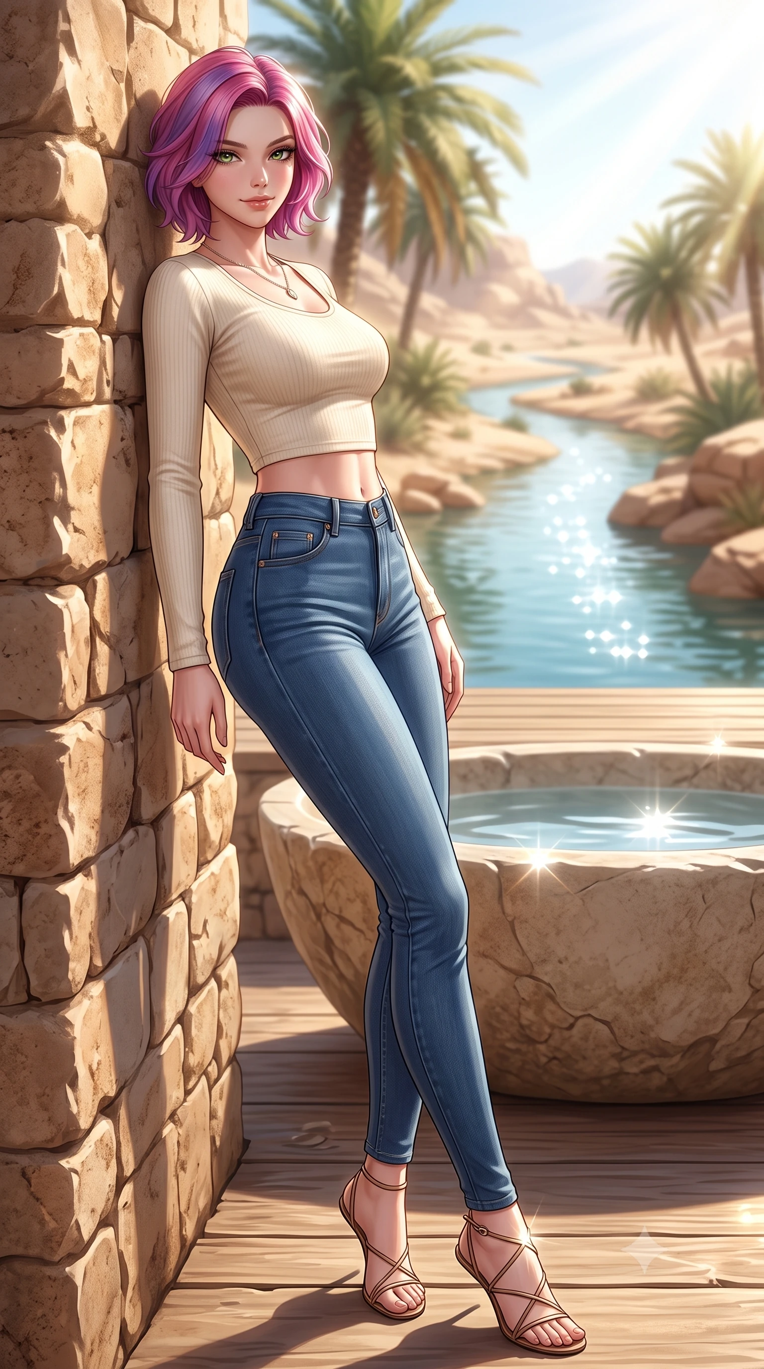 score_9, masterpiece, best quality, ultra-detailed, high-budget anime keyframe, editorial fashion photography, tasteful artistic composition, Caucasian woman. low angle full-body shot from head to toe showing her feet, filling the entire 9:16 vertical frame with her statuesque presence, stretching her vertical silhouette. leaning back against a rustic stone wall, casting a slow, alluring gaze at the camera the background shows a soft-focus a stone bath tub on a private deck overlooking a quiet desert oasis stream. She has an absolutely perfect, statuesque 8.5-heads proportion, an exceptionally tall and slender model-like female figure with impossibly long slender legs and an ultra-slim waist. sharp v-shaped jawline, high-bridge nose, intricate jewel-like eyes with depth, thick eyelashes, glossy lips with a natural sheen. wearing a tailored body-hugging long-sleeve crop top in cream cotton paired with high-waisted skinny jeans. bright morning sun rays creating sparkling glints on the water and her form. ultra-reflective glossy finish, specular highlights, metallic sheen, high-contrast stereoscopic depth, volumetric dynamic lighting, 2k, ultra detail, master piece, 9:16 ratio