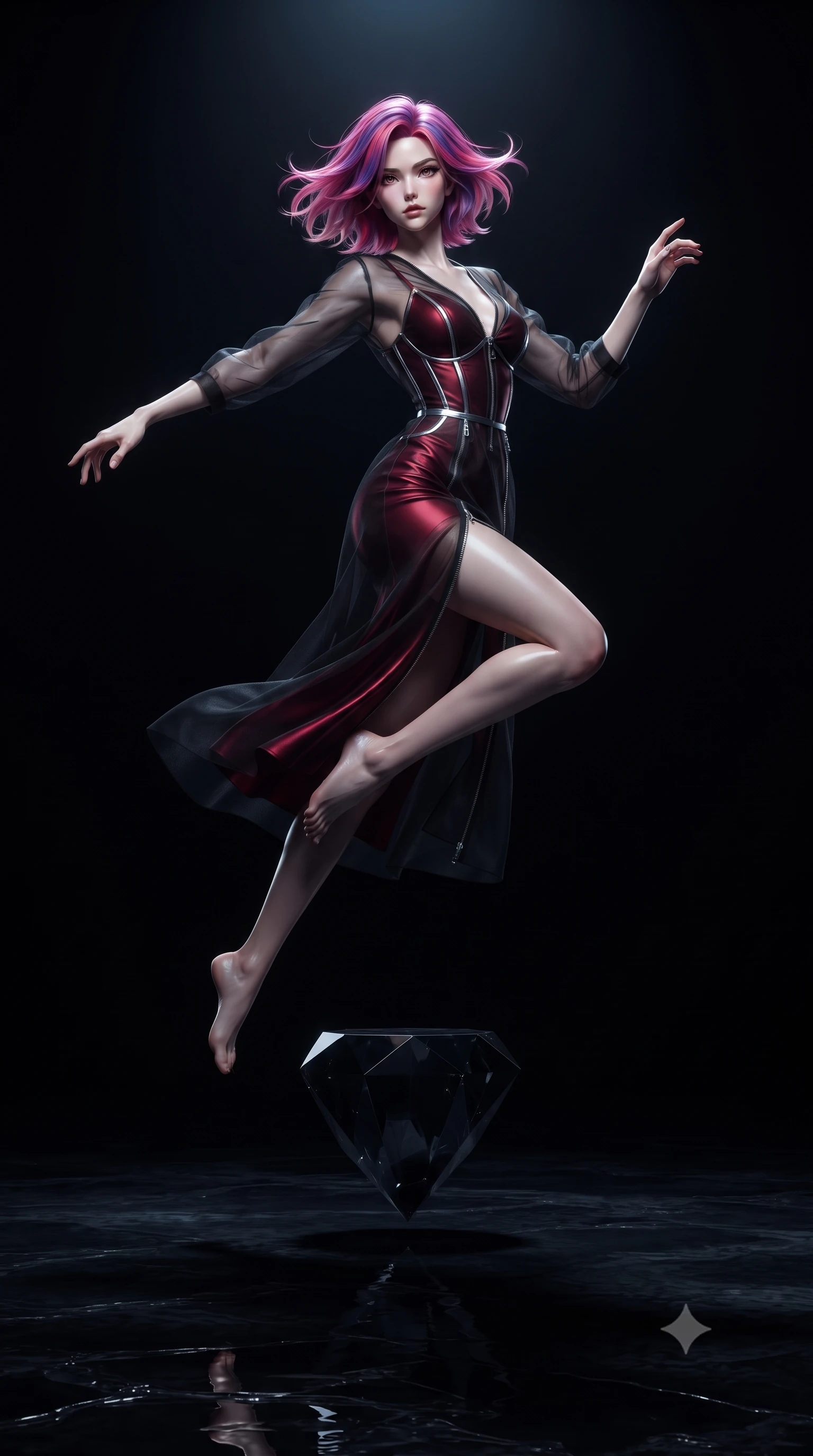 score_9, masterpiece, best quality, ultra-detailed, high-budget anime keyframe, editorial fashion photography, tasteful artistic composition, Caucasian woman. low angle full-body shot from head to toe showing her feet, filling the entire 9:16 vertical frame with her statuesque presence, stretching her vertical silhouette. leaping dynamically through the pitch-black void, her posture full of power and elegance, standing atop a floating black crystal pedestal over an abyssal void, dramatic obsidian reflections dancing across the dark glossy floor. She has an absolutely perfect, statuesque 8.5-heads proportion, an exceptionally tall and slender model-like female figure with impossibly long slender legs and an ultra-slim waist. sharp v-shaped jawline, high-bridge nose, intricate jewel-like eyes with depth, thick eyelashes, glossy lips with a natural sheen. wearing form-contouring dark crimson liquid silk long slip dress in smoky pitch black, made of sheer dark organza overlay, finished with metallic silver boning and sleek zipper points, following her slender form with tailored precision. bathed in dramatic chiaroscuro with a single sharp key light emerging from pitch-black shadows. ultra-reflective glossy finish, specular highlights, metallic sheen, high-contrast stereoscopic depth, volumetric dynamic lighting, 2k, ultra detail, master piece, 9:16 ratio