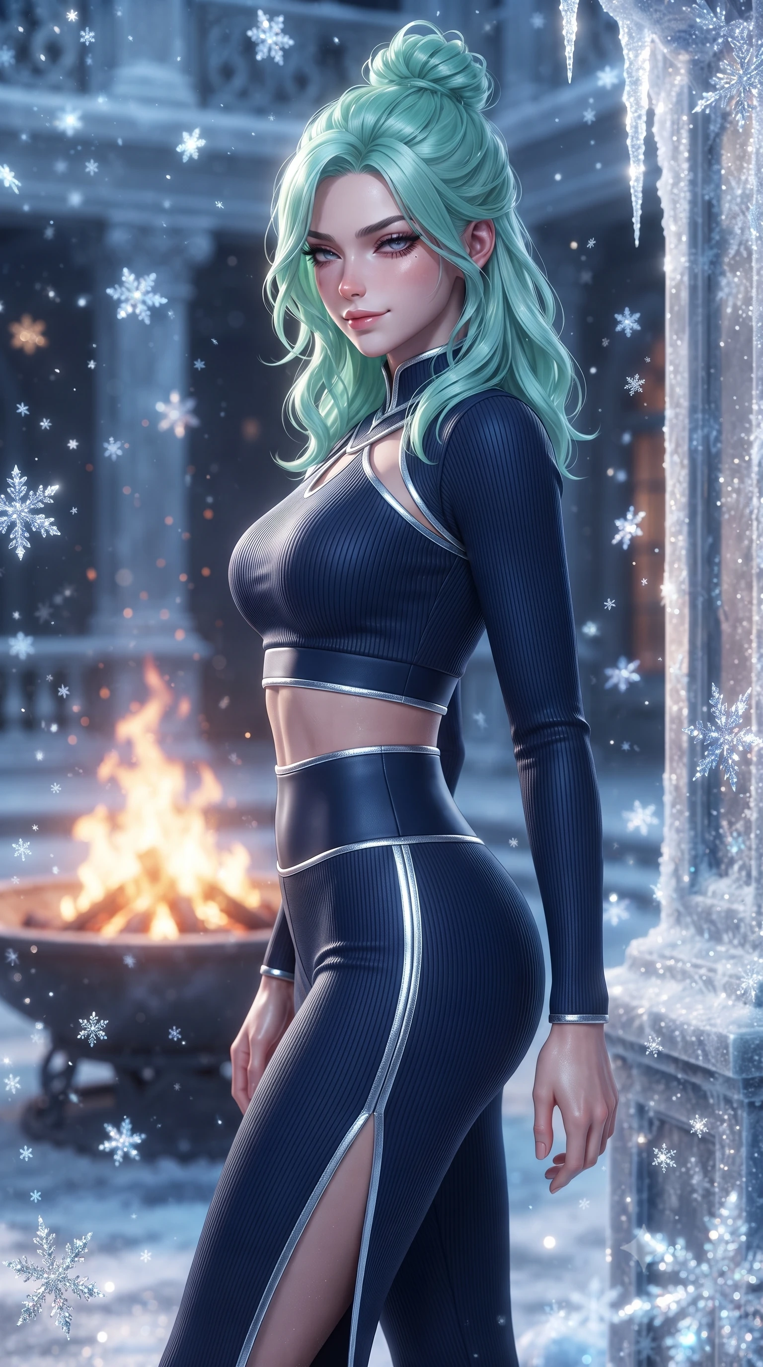 score_9, masterpiece, best quality, ultra-detailed, high-budget anime keyframe, editorial fashion photography, tasteful artistic composition, Japanese woman. close-up cowboy shot from the waist and thighs up, the character dominates the composition, filling the frame with her large presence, background elements kept in soft focus. Glancing sidelong over her shoulder with a smoldering half-smile and heavy lashes resting near a roaring outdoor fire pit as icy snowflakes glitter in the air, glistening frost crystals on architecture scattering silver and sapphire light. She has an exceptionally elegant, slender, and willowy female figure with an ultra-slim waist, a gracefully sculpted slender torso, and a refined silhouette. sharp v-shaped jawline, high-bridge nose, intricate jewel-like eyes with depth, thick eyelashes, glossy lips with a natural sheen. wearing a form-fitting ribbed activewear set with collar cutouts in midnight navy blue and chrome trim, formed from sleek second-skin neoprene, finished with a sleek side slit ascending to mid-thigh, the form-contouring material highlighting her ultra-slim waist and long lines. surrounded by an opulent, frozen fairytale ambiance with high specular shine. ultra-reflective glossy finish, specular highlights, metallic sheen, high-contrast stereoscopic depth, volumetric dynamic lighting, 2k, ultra detail, master piece, 9:16 ratio