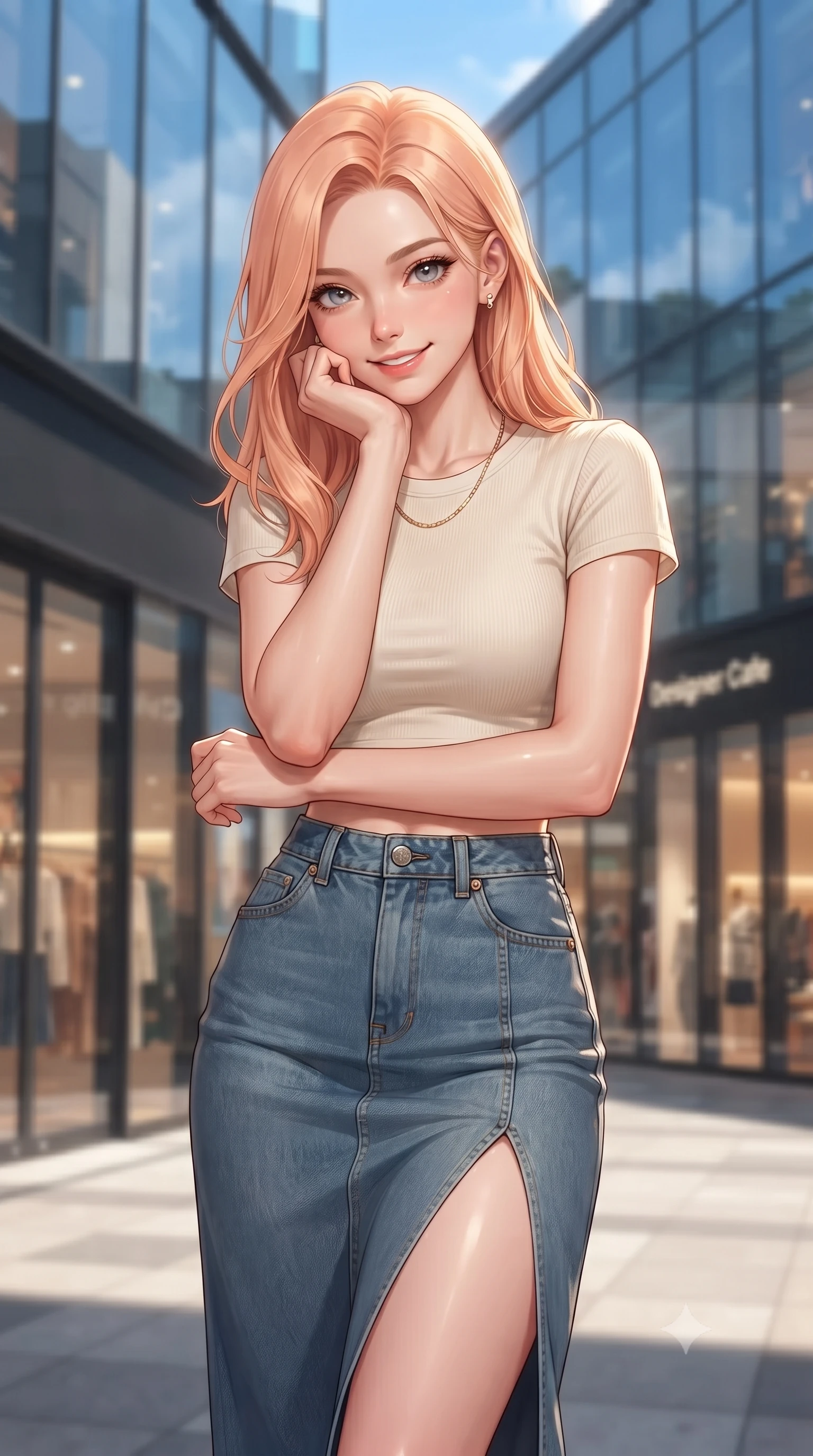 score_9, masterpiece, best quality, ultra-detailed, high-budget anime keyframe, editorial fashion photography, tasteful artistic composition, Japanese woman. close-up cowboy shot from the waist and thighs up, the character dominates the composition, filling the frame with her large presence, background elements kept in soft focus. smiling cutely while resting her chin on her hand, looking directly into the lens set against a soft-focus background of in a trendy urban plaza filled with designer cafes and clothing boutiques with modern glass shop fronts reflecting the blue sky and trees. She has an exceptionally elegant, slender, and willowy female figure with an ultra-slim waist, a gracefully sculpted slender torso, and a refined silhouette. sharp v-shaped jawline, high-bridge nose, intricate jewel-like eyes with depth, thick eyelashes, glossy lips with a natural sheen. wearing tailored modern crop top tee in cream, paired with a high-slit denim midi skirt. soft morning sun rays painting the street in a fresh, energetic gold tone. ultra-reflective glossy finish, specular highlights, metallic sheen, high-contrast stereoscopic depth, volumetric dynamic lighting, 2k, ultra detail, master piece, 9:16 ratio