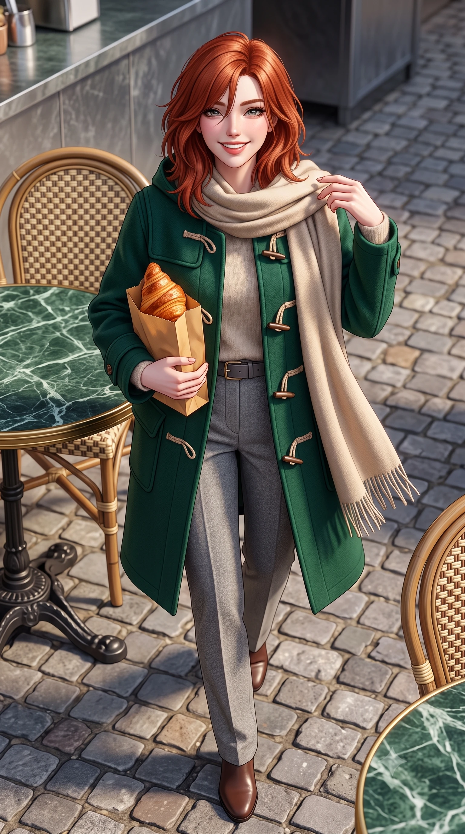 score_9, masterpiece, best quality, ultra-detailed, high-budget anime keyframe, semi-realistic 3D game render, editorial fashion photography, tasteful artistic composition, Korean woman. close-up cowboy shot from the waist and thighs up, the character dominates the composition, filling the frame with her large presence. touching her silk scarf with delicate fingertips while casting an affectionate, warm glance toward the lens while walking out onto the cobblestone terrace holding a warm croissant bag, her belted trench coat framing her tall 8.5-heads silhouette. The surrounding environment is rendered in vivid detail and crisp panoramic clarity: sharp green marble tabletop veining, intricate woven rattan chair patterns, and cast-iron table base curves in deep focus. She has an exceptionally elegant, slender, and willowy female figure with an ultra-slim waist, flat toned midriff, narrow ribcage, and sculpted feminine hips creating an alluring, slim hourglass silhouette without bulk. sharp v-shaped jawline, high-bridge nose, intricate jewel-like sparkling eyes with depth, thick eyelashes, glossy parted lips with a natural peach sheen, bright cheerful beaming smile with an enchanting and coquettish sensual glint, exuding both youthful cute charm and seductive allure, flawlessly proportioned anatomical accuracy, strict slender model proportions, natural body alignment, perfectly sculpted long slender limbs, ultra-slim waistline, clean dynamic posture without body distortion. wearing a structured boiled-wool duffle coat with horn toggles over a soft alpaca sweater and tailored wool slacks in St. Moritz pine forest emerald and heather grey, made of crisp Egyptian cotton poplin with pristine tailored pressing, accented with a wide brushed cashmere fringe scarf draped elegantly over one shoulder, the structured cinched belt emphasizing her narrow waistline and gracefully balanced proportions with timeless haute-couture polish. illuminated by zinc counter and marble tabletop bounce with delicate platinum rim lights sculpting her features and slender waist. highly saturated vibrant anime colors, detailed shading with soft gradients, rich glossy textures, high-contrast stereoscopic depth, volumetric dynamic lighting, master piece, 9:16 ratio