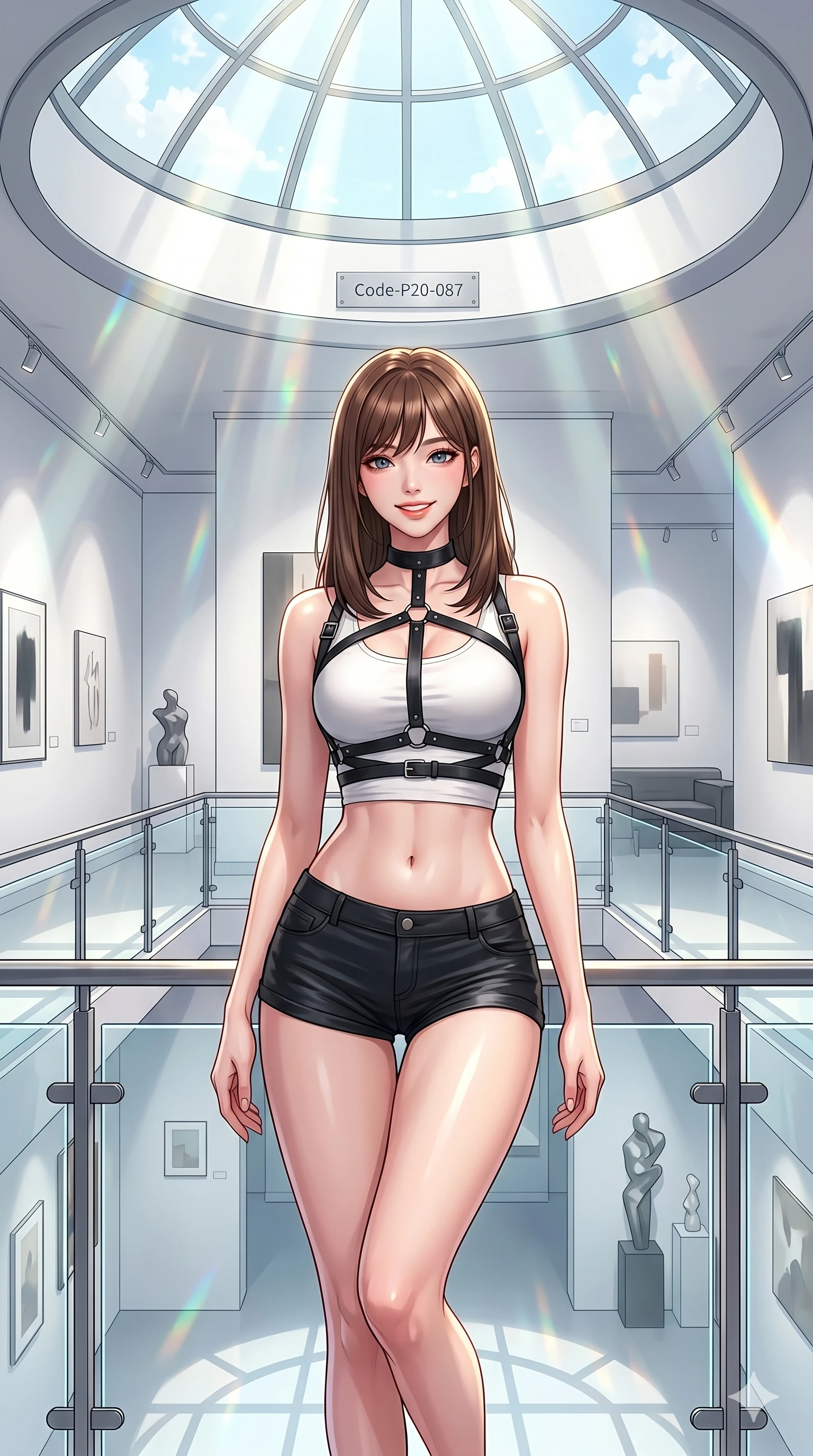 score_9, masterpiece, best quality, ultra-detailed, high-budget anime keyframe, vibrant anime aesthetic, Korean woman. cowboy shot from the thighs up, character and outfit filling the frame for maximum presence. She is standing on the balcony, looking at the camera with a confident, radiant smile inside a bright, minimalist art gallery at noon (Code-P20-087). She has an absolutely perfect 8-heads proportion, an exceptionally tall and slender female figure with impossibly long slender legs and an ultra-slim waist. V-shaped jawline, high-bridge nose, intricate jewel-like eyes with depth, thick eyelashes, glossy lips with a natural sheen. wearing a leather harness over a crop top exposing midriff and micro-shorts. She is illuminated by dramatic, volumetric sunlight streaming through a glass atrium dome. 2k, ultra detail, master piece, 9:16 ratio