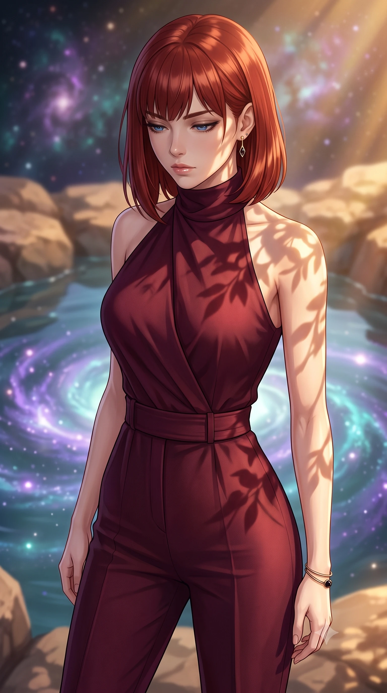 score_9, masterpiece, best quality, ultra-detailed, high-budget anime keyframe, editorial fashion photography, tasteful artistic composition, Caucasian woman, strictly human ears. close-up cowboy shot from the waist and thighs up, the character dominates the composition, filling the frame with her large presence, background elements kept in soft focus. Looking down with lowered lashes and a composed powerful expression. set against a soft-focus background of a natural rock pool at the very edge of a spiral galaxy where cosmic gases collect in swirling bioluminescent patterns of violet and teal galaxies reflected in the still luminous surface. She has an exceptionally elegant and slender, willowy female figure with an ultra-slim waist, a gracefully sculpted slender torso, and a refined slim physique. sharp v-shaped jawline, high-bridge nose, intricate jewel-like eyes with depth, thick eyelashes, glossy lips with a natural sheen. wearing a precision-tailored jumpsuit in deep burgundy with a high wrap-front neck, highlighting her slim waist and long legs. warm golden afternoon sunbeams casting soft organic leaf shadows across her skin. 2k, ultra detail, master piece, 9:16 ratio