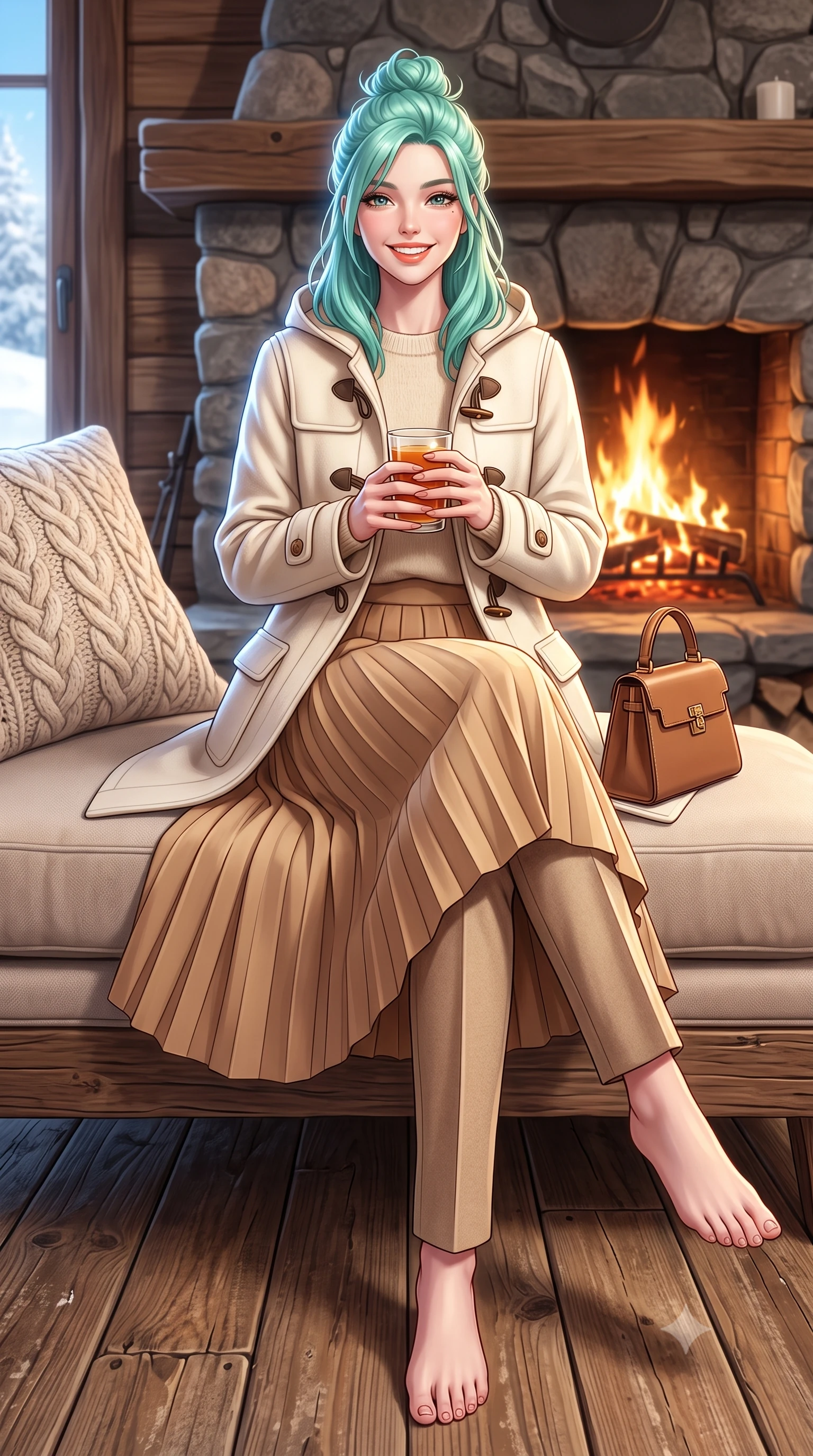score_9, masterpiece, best quality, ultra-detailed, high-budget anime keyframe, semi-realistic 3D game render, editorial fashion photography, tasteful artistic composition, Japanese woman. low angle full-body shot from head to toe showing her feet, filling the entire 9:16 vertical frame with her statuesque presence, stretching her vertical silhouette. executing an elegant pivot turn as the hem of her pleated wool skirt sways rhythmically, glancing back with joyful radiance while sitting gracefully on an oversized cashmere-upholstered banquette near the stone hearth, holding a glass of spiced cider with cozy luxury charm. The surrounding environment is rendered in vivid detail and crisp panoramic clarity: detailed chunky fisherman cable-knit sweater texture, brushed wool flannel slacks, and alpine lodge architecture in razor-sharp precision. She has an exceptionally tall and slender model-like 8.5-heads proportion, an ultra-slim waist, a flat toned midriff, narrow delicate ribcage, and beautifully sculpted feminine hips creating a graceful, slim hourglass silhouette without any bulky heaviness, with impossibly long slender legs. sharp v-shaped jawline, high-bridge nose, intricate jewel-like sparkling eyes with depth, thick eyelashes, glossy parted lips with a natural peach sheen, bright cheerful beaming smile with an enchanting and coquettish sensual glint, exuding both youthful cute charm and seductive allure, flawlessly proportioned anatomical accuracy, strict slender model proportions, natural body alignment, perfectly sculpted long slender limbs, ultra-slim waistline, clean dynamic posture without body distortion. wearing a structured boiled-wool duffle coat with horn toggles over a soft alpaca sweater and tailored wool slacks in soft champagne ivory and warm biscuit beige, made of crisp Egyptian cotton poplin with pristine tailored pressing, finished with a structured leather top-handle mini bag resting gracefully at her side, the sharp shoulder tailoring and gently nipped waist framing her slender torso with pristine sartorial perfection. illuminated by brilliant snow reflection fill and sharp ice-crystal rim lights defining her razor-sharp jawline and tall slender frame. highly saturated vibrant anime colors, detailed shading with soft gradients, rich glossy textures, high-contrast stereoscopic depth, volumetric dynamic lighting, master piece, 9:16 ratio