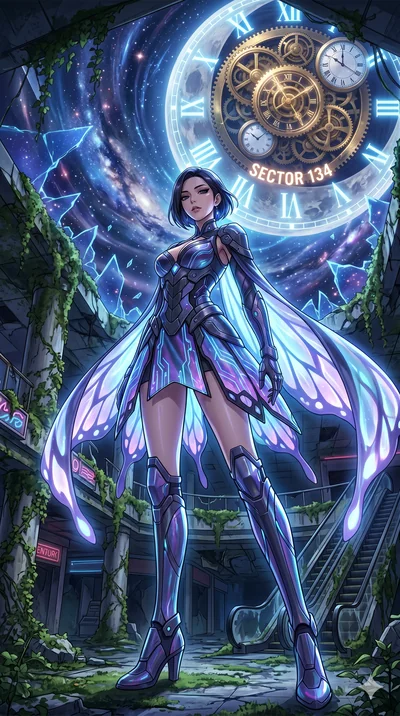 score_9, masterpiece, best quality, ultra-detailed, Set A: High-budget Anime Keyframe, Korean woman. Low angle cowboy shot filling the entire 9:16 frame with her statuesque presence. Theme: Historical Remix. shattering the fabric of reality in a ruin