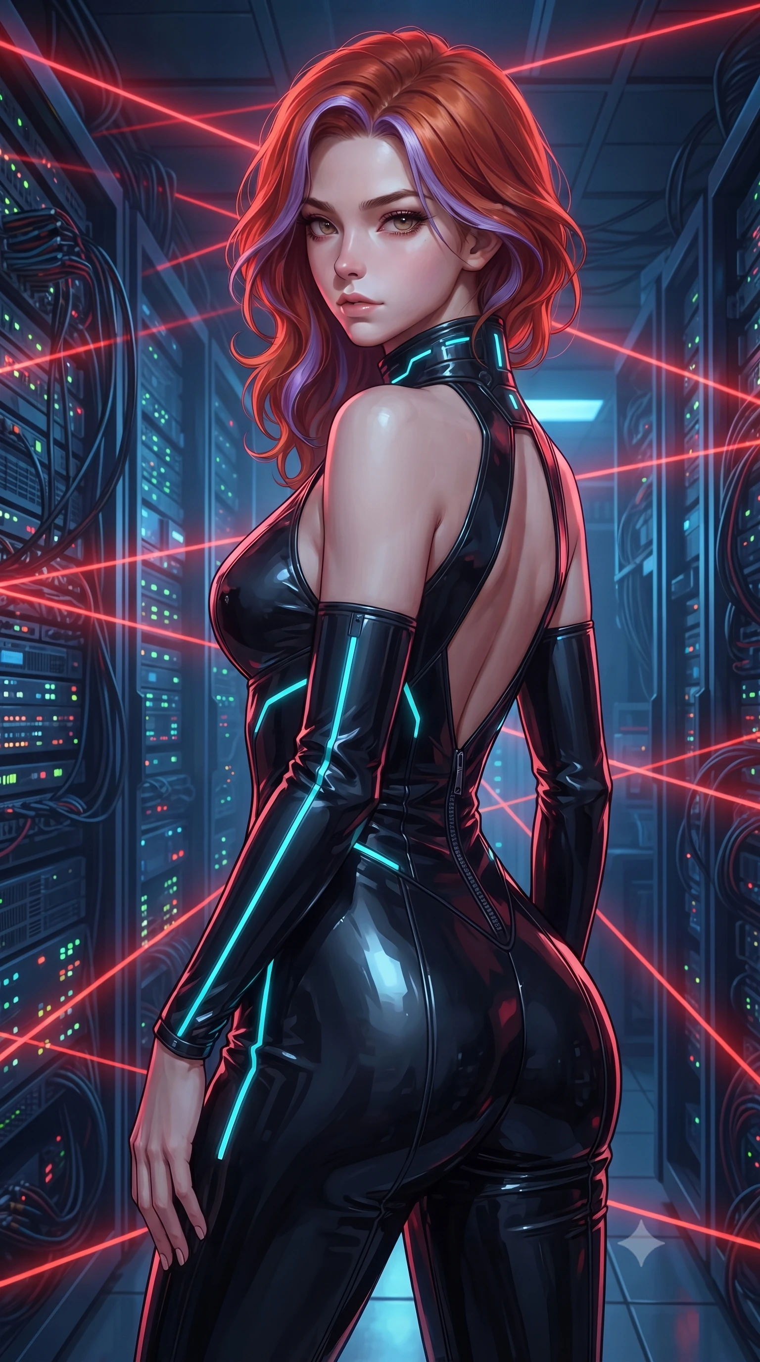 score_9, masterpiece, best quality, ultra-detailed, high-budget anime keyframe, editorial fashion photography, tasteful artistic composition, Caucasian woman. close-up cowboy shot from the waist and thighs up, the character dominates the composition, filling the frame with her large presence. turning over her shoulder with an indomitable, smoldering gaze, her soft hair framing her razor-sharp v-shaped jawline while navigating a high-security mainframe server vault, contorting her slender athletic body in a flawless gymnastic evasion beneath glowing red laser grids. The surrounding environment is rendered in vivid detail and crisp panoramic clarity. detailed tactical bodysuit seams, electronic keycard bypass devices, and data cables in high resolution. She has an exceptionally elegant, slender, and willowy female figure with an ultra-slim waist, a gracefully sculpted slender torso, toned flat midriff, and a refined slim silhouette. sharp v-shaped jawline, high-bridge nose, intricate jewel-like eyes with depth, thick eyelashes, glossy lips with a natural sheen, captivating and magnetic expression, flawlessly proportioned anatomical accuracy, strict slender model proportions, natural body alignment, perfectly sculpted long slender limbs, ultra-slim waistline, clean dynamic posture without body distortion. wearing an undercover high-society halter jumpsuit with a tailored deep-V back and integrated waist cincher in polished asphalt black and electric cyan LED lines, crafted from matte cybernetic vinyl with concealed magnetic locks, featuring a high aerodynamic collar framed by subtle glowing cybernetic LEDs, the liquid-tight tailored fabric emphasizing every curve of her tall, slender model proportions and sculptured silhouette during dynamic movement. bathed in dramatic intersecting red laser beam illumination and cool blue server indicator glow. ultra-reflective glossy finish, specular highlights, rich textural contrasts, high-contrast stereoscopic depth, volumetric dynamic lighting, 2k, ultra detail, master piece, 9:16 ratio