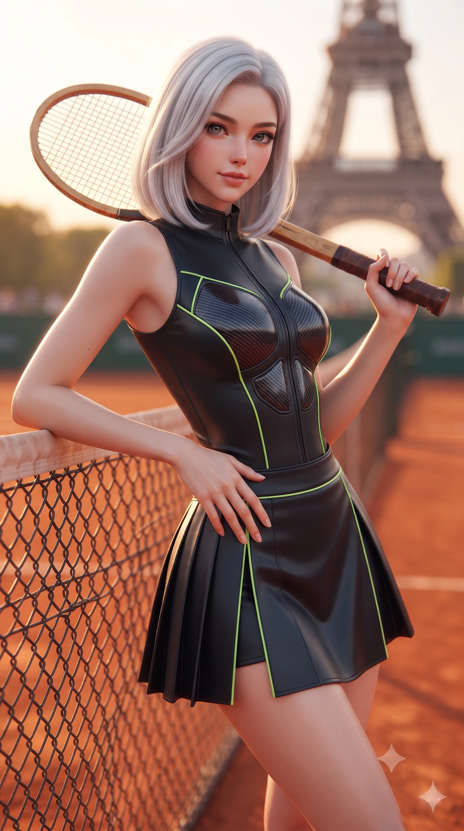 score_9, masterpiece, best quality, ultra-detailed, high-budget anime keyframe, editorial fashion photography, tasteful artistic composition, Korean woman. close-up cowboy shot from the waist and thighs up, the character dominates the composition, filling the frame with her large presence. twisting her slender torso in an alluring contrapposto stance, one hand resting on her sculpted hip while holding a tennis racket with effortless poise while leaning against the clay-dusted court fence with hips cocked back, looking into the lens with an enchanting, confident tennis smile. The background shows a soft-focus the vibrant rust-orange red clay stadium court and the distant Eiffel Tower on the Parisian horizon blurred into terracotta, champagne, and violet bokeh. She has an exceptionally elegant, slender, and willowy female figure with an ultra-slim waist, flat toned midriff, narrow ribcage, and sculpted feminine hips creating an alluring, slim hourglass silhouette without bulk. sharp v-shaped jawline, high-bridge nose, sparkling eyes with athletic focus and depth, thick curled eyelashes, glossy parted lips with a natural coral-peach sheen, bright confident and coquettish smile with alluring bedroom-eyes, exuding both youthful sporty vigor and sovereign high-society glamour, flawlessly proportioned anatomical accuracy, strict slender model proportions, natural body alignment, perfectly sculpted long slender limbs, ultra-slim waistline, clean dynamic posture without body distortion. wearing a sleeveless high-collar racing bodysuit with carbon-fiber chestplate accents and a pleated wrap tennis skirt with side hip slit in deep midnight carbon and luminous lime green piping, crafted from supple buttery lambskin racing leather with a satin sheen, featuring a vintage wooden tennis racket held casually over one shoulder, the glove-like aerodynamic silhouette tightly following the natural contour of her hips and long slender legs with youthful 8.5-heads elegance. bathed in glowing late-afternoon Paris golden hour light warming the orange clay surfaces. ultra-reflective glossy finish, specular highlights, rich textural contrasts, high-contrast stereoscopic depth, volumetric dynamic lighting, 2k, ultra detail, master piece, 9:16 ratio
