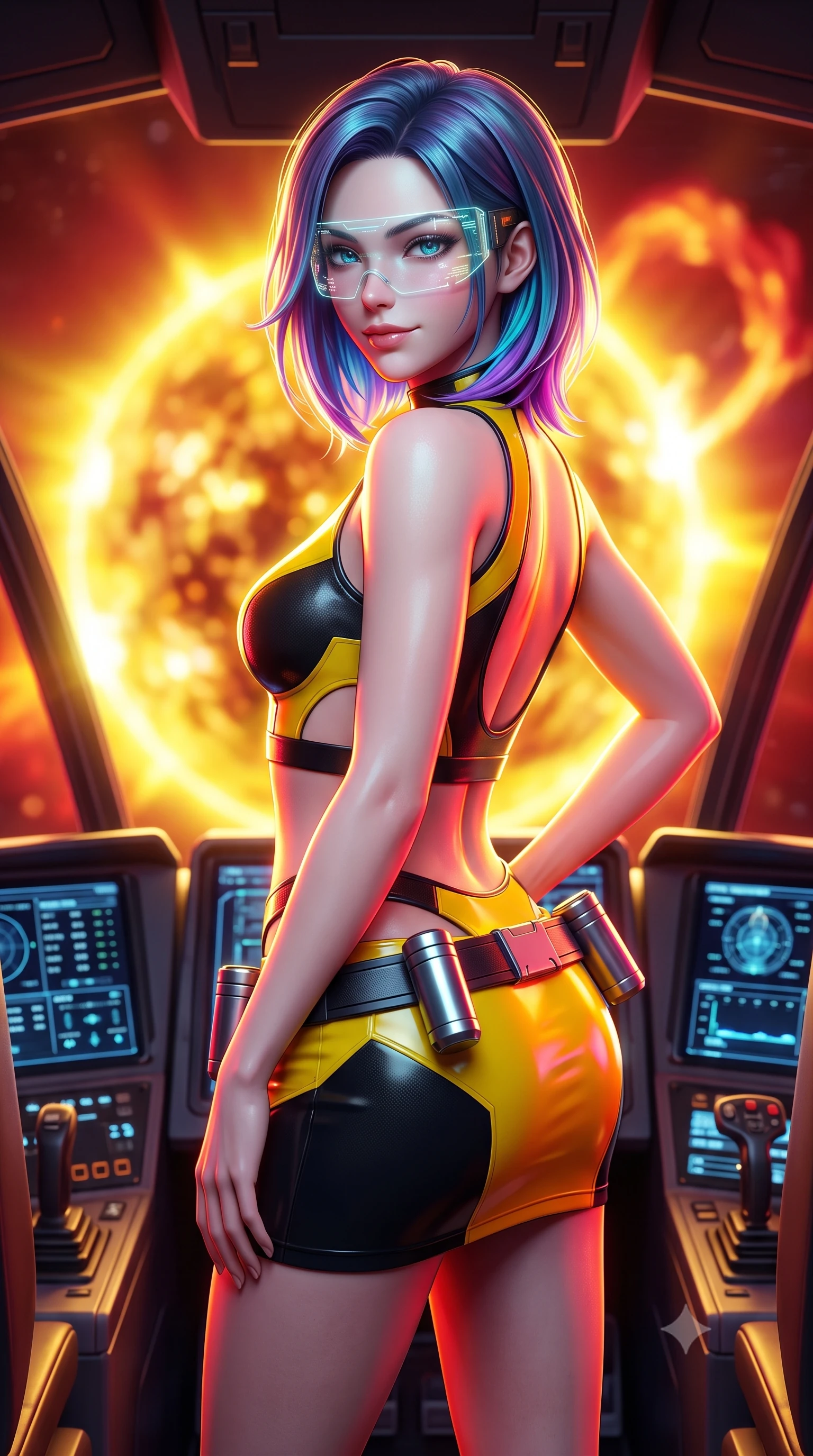 score_9, masterpiece, best quality, ultra-detailed, high-budget anime keyframe, semi-realistic 3D game render, editorial fashion photography, tasteful artistic composition, Caucasian woman. close-up cowboy shot from the waist and thighs up, the character dominates the composition, filling the frame with her large presence. turning slowly with a smoldering smile, her sleek hair catching the cockpit HUD rim light as her hips angle gracefully in a captivating contrapposto while standing poised between flight consoles with hips cocked back, looking into the lens with fearless bedroom-eyes through a holographic HUD visor. The background shows a soft-focus the colossal solar corona eruption and dazzling solar prominence arcs blurred into blinding gold, carmine, and copper bokeh. She has an exceptionally elegant, slender, and willowy female figure with an ultra-slim waist, flat toned midriff, narrow ribcage, and sculpted feminine hips creating an alluring, slim hourglass silhouette without bulk. sharp v-shaped jawline, high-bridge nose, intricate jewel-like sparkling eyes with depth, thick eyelashes, glossy parted lips with a natural sheen, bright confident smile with an enchanting and coquettish sensual glint, exuding both youthful magnetic charm and sovereign high-tech allure, flawlessly proportioned anatomical accuracy, strict slender model proportions, natural body alignment, perfectly sculpted long slender limbs, ultra-slim waistline, clean dynamic posture without body distortion. wearing a body-hugging modern carbon-alloy crop top paired with a low-rise tactical skirt and a subtle waist cut-out in industrial hazard yellow and matte carbon black, made of smooth liquid latex with high-contrast stereoscopic depth and wet shine, accented with a sleek utility belt with polished magnetic canisters resting loosely on her curvy hips, the precision-cut side openings and low-back scoop framing her graceful spine and the sensual sweep of her slim, toned hips. bathed in intense yellow and crimson light flares from the erupting sun casting dynamic reflections. highly saturated vibrant anime colors, detailed shading with soft gradients, rich glossy textures, high-contrast stereoscopic depth, volumetric dynamic lighting, master piece, 9:16 ratio