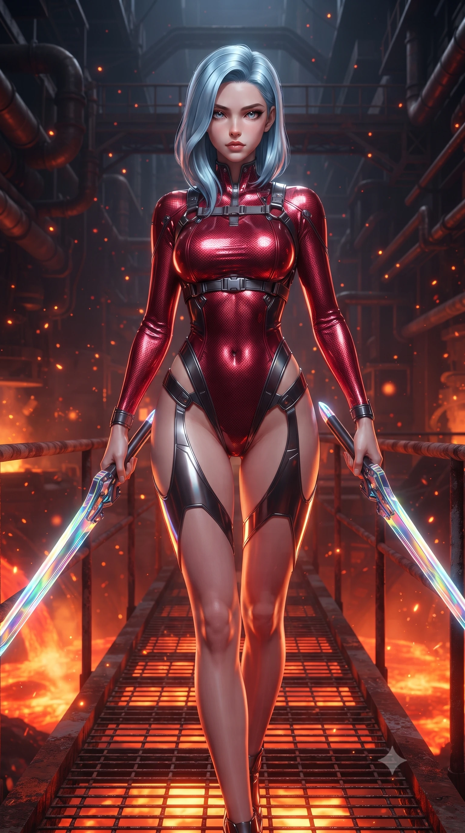 score_9, masterpiece, best quality, ultra-detailed, high-budget anime keyframe, editorial fashion photography, tasteful artistic composition, Korean woman. close-up cowboy shot from the waist and thighs up, the character dominates the composition, filling the frame with her large presence. gazing forward with divine sovereign poise, captivating jewel-like eyes shining with transcendent focus while holding her weapon with effortless mastery while stepping along a narrow steel bridge overlooking the volcanic forge with commanding, sovereign grace. The composition keeps background elements in soft focus with creamy bokeh. blazing plasma sparks and heat haze scattering glowing light motes across a dark industrial backdrop. She has an exceptionally elegant, slender, and willowy female figure with an ultra-slim waist, a gracefully sculpted slender torso, toned flat midriff, and a refined slim silhouette. sharp v-shaped jawline, high-bridge nose, intricate jewel-like eyes with depth, thick eyelashes, glossy lips with a natural sheen, flawlessly proportioned anatomical accuracy, strict slender model proportions, natural body alignment, perfectly sculpted long slender limbs, ultra-slim waistline, clean dynamic posture without body distortion. wearing a skin-tight crimson carbon-weave combat leotard with metallic dark chrome plating and hip-accentuating cutouts, holding twin glowing high-frequency vibro-blades with effortless supermodel poise in high-gloss iridescent rainbow carbon with prism holographic sheen, tailored from flexible second-skin carbon-mesh that clings flawlessly to her athletic curves, reinforced by a sleek titanium tactical harness and glowing micro-energy straps, the form-contouring material adhering flawlessly to her sculpted flat midriff and slender torso, emphasizing her long leg lines and perfectly proportioned willowy build. bathed in blazing orange magma uplights and intense molten plasma scythe glow. ultra-reflective glossy finish, specular highlights, dark metallic sheen, high-contrast stereoscopic depth, volumetric dynamic lighting, 2k, ultra detail, master piece, 9:16 ratio