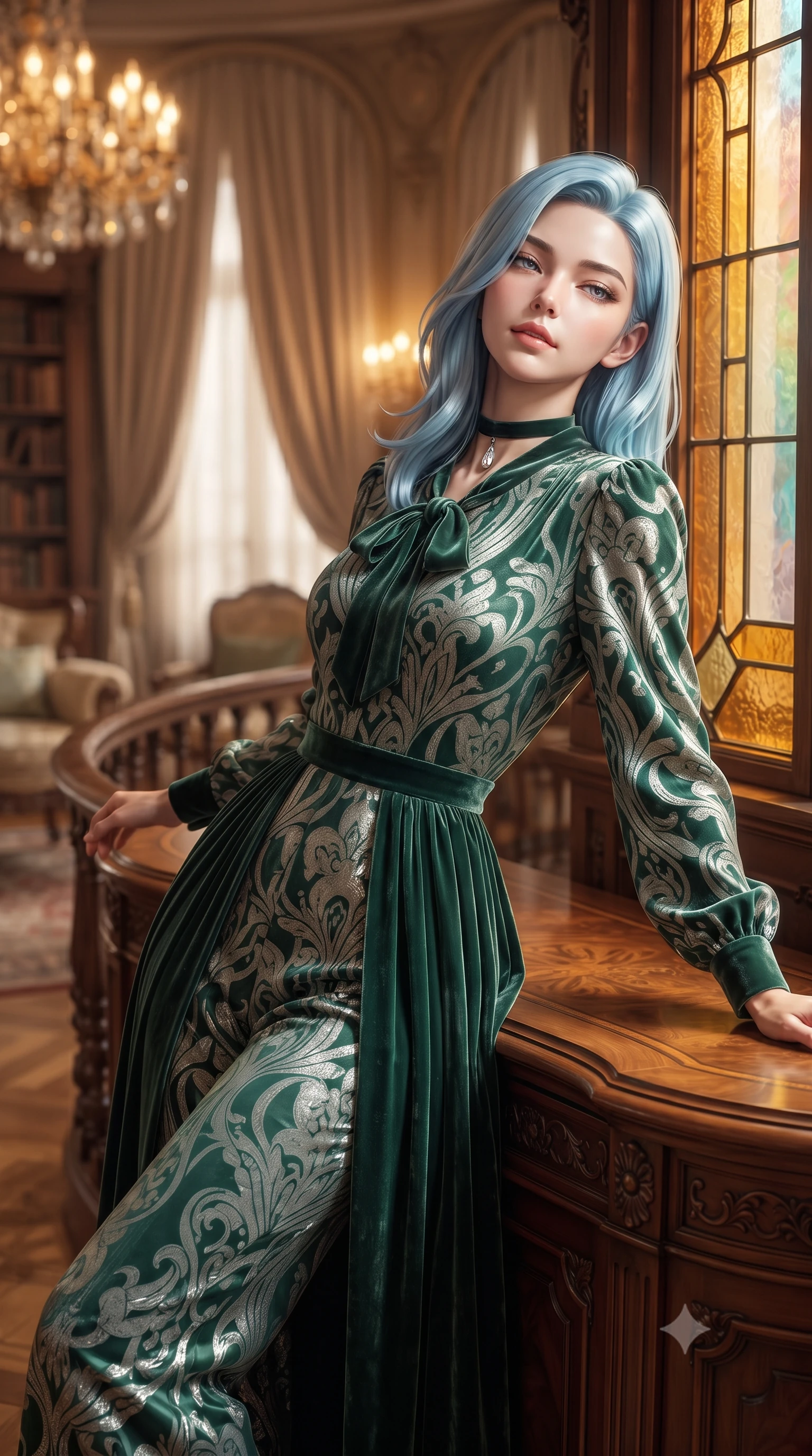 score_9, masterpiece, best quality, ultra-detailed, high-budget anime keyframe, editorial fashion photography, tasteful artistic composition, Korean woman. close-up cowboy shot from the waist and thighs up, the character dominates the composition, filling the frame with her large presence. leaning back against the balustrade with relaxed seductive grace, head tilted back slightly while casting a hypnotic, heavy-lidded gaze while leaning against the curving carved mahogany salon credenza with hips cocked back, looking through amber stained glass with intoxicating bedroom-eyes. The background shows a soft-focus flowing velvet salon drapery softened in Belle Époque European grand salon shallow focus. She has an exceptionally elegant, slender, and willowy female figure with an ultra-slim waist, flat toned midriff, narrow ribcage, and sculpted feminine hips creating an alluring, slim hourglass silhouette without bulk. sharp v-shaped jawline, high-bridge nose, intricate jewel-like sparkling eyes with depth, thick eyelashes, glossy parted lips with a natural peach sheen, bright cheerful beaming smile with an enchanting and coquettish sensual glint, exuding both youthful cute charm and seductive allure, flawlessly proportioned anatomical accuracy, strict slender model proportions, natural body alignment, perfectly sculpted long slender limbs, ultra-slim waistline, clean dynamic posture without body distortion. wearing a refined long-sleeve silk georgette palazzo jumpsuit with pleated overlay skirt and modest neck bow in Art Nouveau malachite green and antique starlight silver, tailored from ultra-plush silk velvet with rich tactile depth and deep shadow gradients, finished with a thin velvet ribbon choker and a single teardrop diamond pendant, the impeccably tailored cut draping gracefully along her slender figure with aristocratic poise. bathed in the warm golden 2700K incandescent chandelier glow mixed with prismatic colored beams filtering through stained glass. ultra-reflective glossy finish, specular highlights, rich textural contrasts, high-contrast stereoscopic depth, volumetric dynamic lighting, 2k, ultra detail, master piece, 9:16 ratio