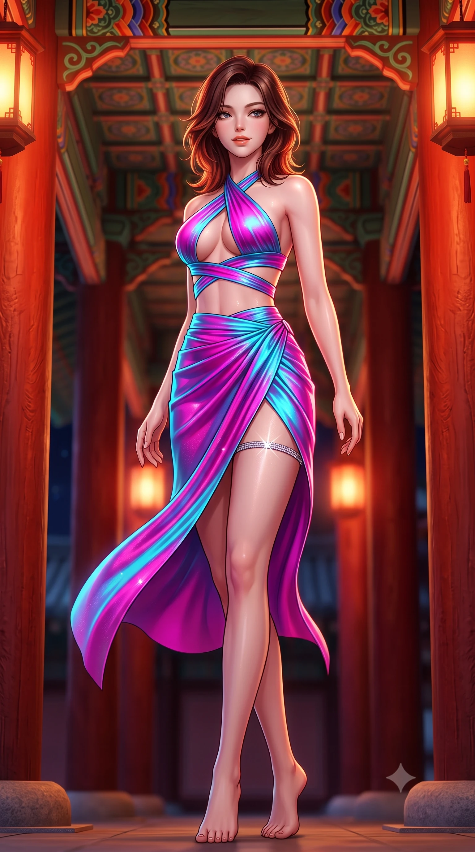 score_9, masterpiece, best quality, ultra-detailed, high-budget anime keyframe, semi-realistic 3D game render, editorial fashion photography, tasteful artistic composition, Korean woman. low angle full-body shot from head to toe showing her feet, filling the entire 9:16 vertical frame with her statuesque presence, stretching her vertical silhouette. executing a slow, graceful pivot turn as her skirt sways around her slender legs, glancing back with an enchanting, teasing sensual expression while standing between massive vermilion pillars along the grand palace veranda, arching her lower back with sovereign queenly grace. The background shows a soft-focus ornate dancheong ceiling patterns softened in grand palace night shallow focus. She has an absolutely perfect, statuesque 8.5-heads proportion, an exceptionally tall and slender model-like female figure with impossibly long slender legs, an ultra-slim waist, a flat toned midriff, narrow delicate ribcage, and beautifully sculpted feminine hips creating a graceful, slim hourglass silhouette without any bulky heaviness. sharp v-shaped jawline, high-bridge nose, sparkling eyes with hypnotic seductive depth, thick curled eyelashes, glossy parted lips with a natural dewy peach sheen, alluring bedroom-eyes with an enchanting coquettish smile, exuding magnetic siren charisma and sophisticated glamour, flawlessly proportioned anatomical accuracy, strict slender model proportions, natural body alignment, perfectly sculpted long slender limbs, ultra-slim waistline, clean dynamic posture without body distortion. wearing a high-waisted silk wrap sarong skirt with a hip-high slit paired with a plunging criss-cross satin halter top in electric 80s magenta and neon cyan with chrome highlights, woven from stretch metallic lurex jersey casting radiant starlight glints across her silhouette, accented with a delicate crystal-encrusted thigh garter strap glinting under the lights, the form-contouring silhouette accentuating her sculpted flat midriff, narrow delicate ribcage, and gracefully curvy hips with intoxicating allure. bathed in the warm crimson-and-amber glow of ceremonial palace lanterns. highly saturated vibrant anime colors, detailed shading with soft gradients, rich glossy textures, high-contrast stereoscopic depth, volumetric dynamic lighting, master piece, 9:16 ratio