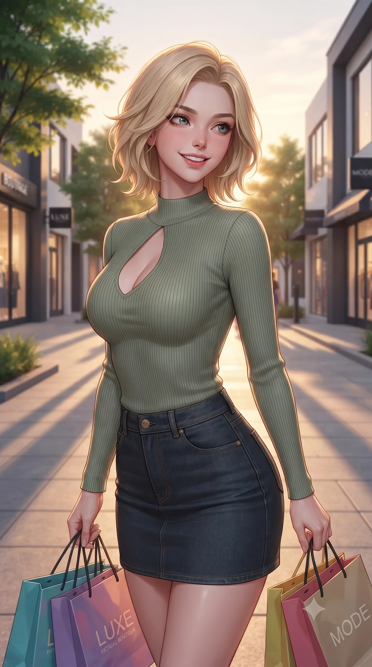 score_9, masterpiece, best quality, ultra-detailed, high-budget anime keyframe, editorial fashion photography, tasteful artistic composition, Caucasian woman. close-up cowboy shot from the waist and thighs up, the character dominates the composition, filling the frame with her large presence, background elements kept in soft focus. smiling with a playful and cute half-smile, glancing sidelong over her shoulder set against a soft-focus background of on a trendy shopping street lined with modern boutique shops and green trees carrying a couple of colorful shopping bags with a happy, excited look. She has an exceptionally elegant, slender, and willowy female figure with an ultra-slim waist, a gracefully sculpted slender torso, and a refined silhouette. sharp v-shaped jawline, high-bridge nose, intricate jewel-like eyes with depth, thick eyelashes, glossy lips with a natural sheen. wearing tailored form-contouring ribbed knit top with a plunging keyhole cutout, paired with a dark denim mini skirt. golden hour sunset light casting long shadow lines on the concrete pavement. ultra-reflective glossy finish, specular highlights, metallic sheen, high-contrast stereoscopic depth, volumetric dynamic lighting, 2k, ultra detail, master piece, 9:16 ratio
