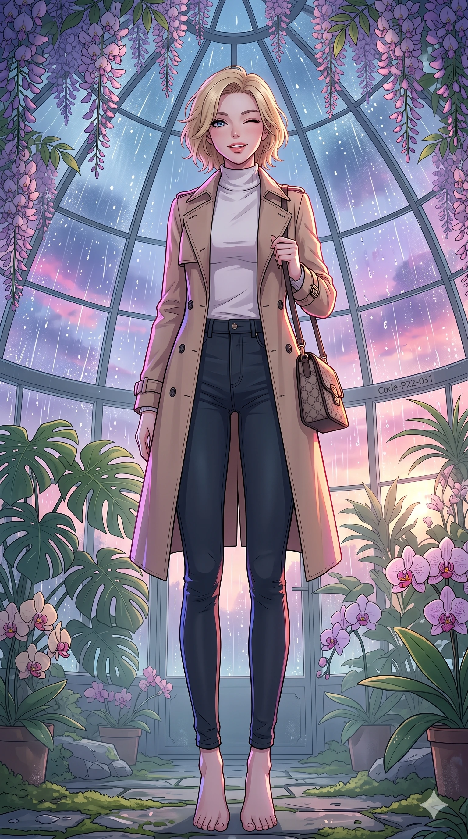 score_9, masterpiece, best quality, ultra-detailed, high-budget anime keyframe, vibrant anime aesthetic, Caucasian woman, strictly human ears. low angle full-body shot from head to toe showing her feet, filling the entire 9:16 vertical frame with her statuesque presence, stretching her vertical silhouette. She is standing under wisteria vines, winking with a cheerful and lively face, looking directly into the lens surrounded by fresh morning mist. inside a glass greenhouse dome filled with tropical monstera and orchids, with heavy rain pouring outside on the glass panels (Code-P22-031). She has an absolutely perfect 8-heads proportion, an exceptionally tall and slender female figure with impossibly long slender legs and an ultra-slim waist. V-shaped jawline, high-bridge nose, intricate jewel-like eyes with depth, thick eyelashes, glossy lips with a natural sheen. wearing a classic beige trench coat over a white turtleneck sweater and dark skinny jeans with a designer bag. She is lit by vibrant twilight sky reflections, tracing her shoulders and neckline, outlining her perfect 8-heads proportion during a refreshing sun shower. 2k, ultra detail, master piece, 9:16 ratio
